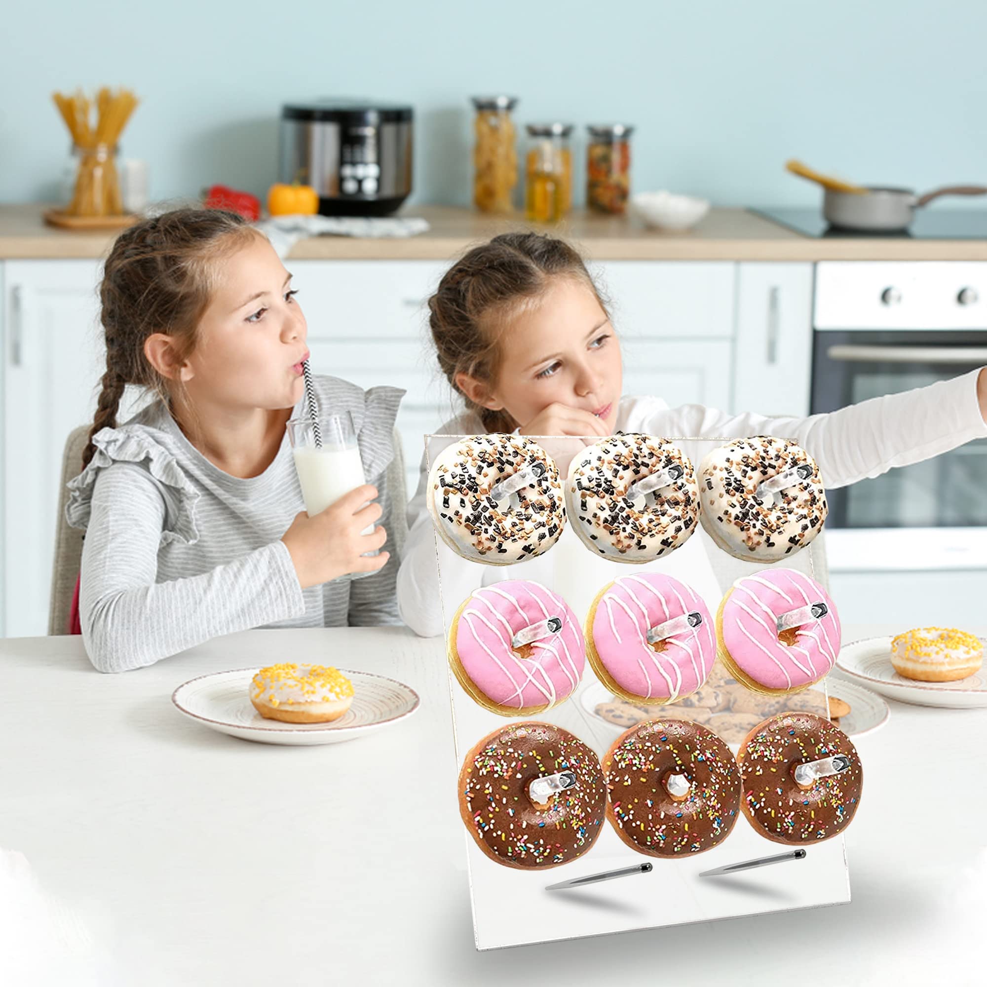 ZYGLOOSH Donut Stand Set of 2 – 13.5 Inch Square Clear Acrylic Donut Wall Display Stand for Donuts, Bagels & Pretzels with 9 Pegs & 2 Metal Legs –Best for Wedding, Birthday Party Decorations & Baby Showers