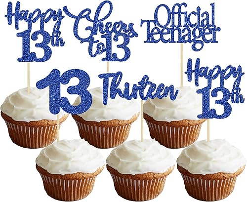 Paquete de 30 adornos para cupcakes con purpurina azul oscuro para 13 años de edad, regalo oficial de 13 años de edad para cumpleaños de 13 años, Paquete de 30 adornos para cupcakes con purpurina azul oscuro para 13 años de edad, regalo oficial de 13 años de edad para cumpleaños de 13 años,