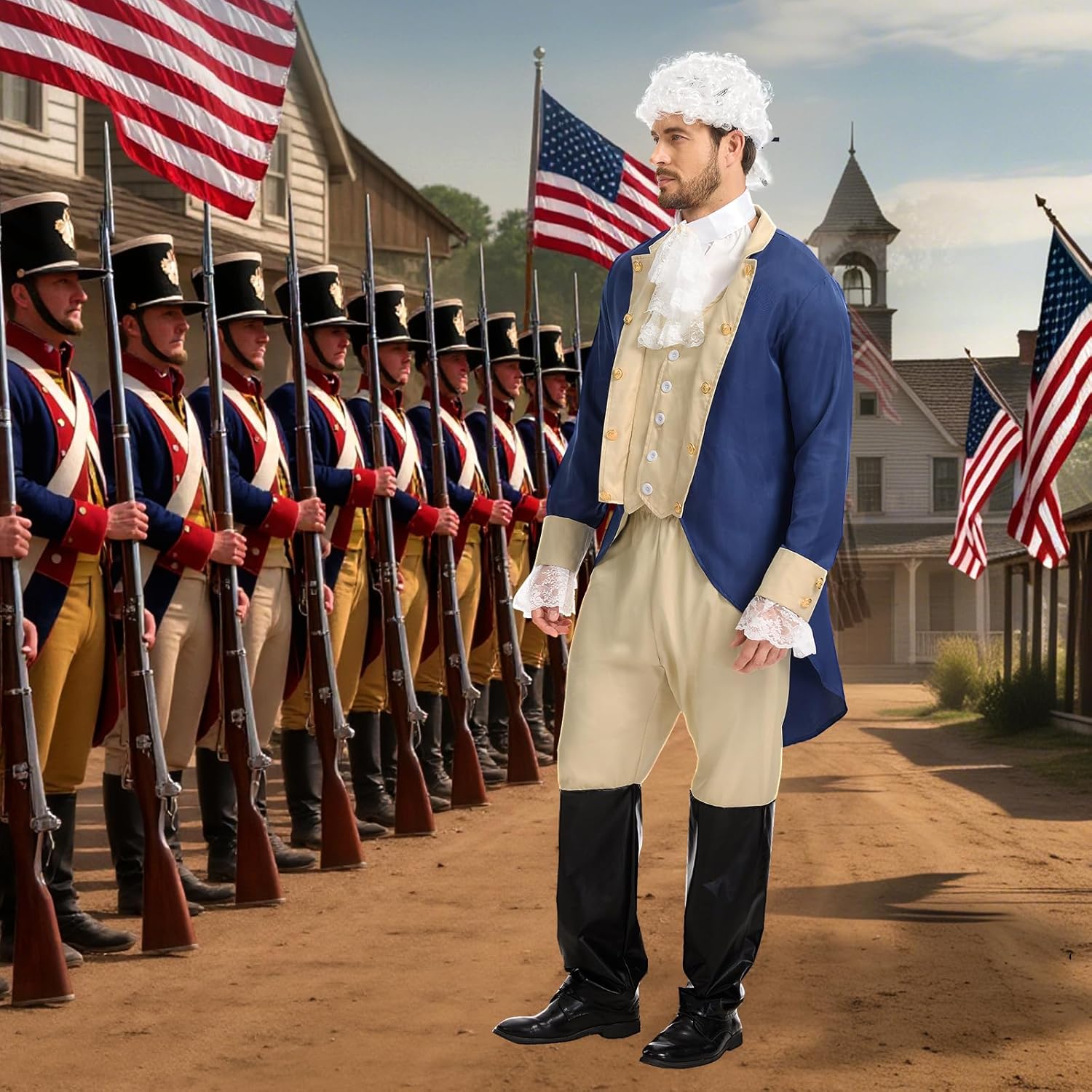 Founding Father Costume, Colonial Costumes Men,Adult Hamilton American Colonial Patriot Uniform with Wig