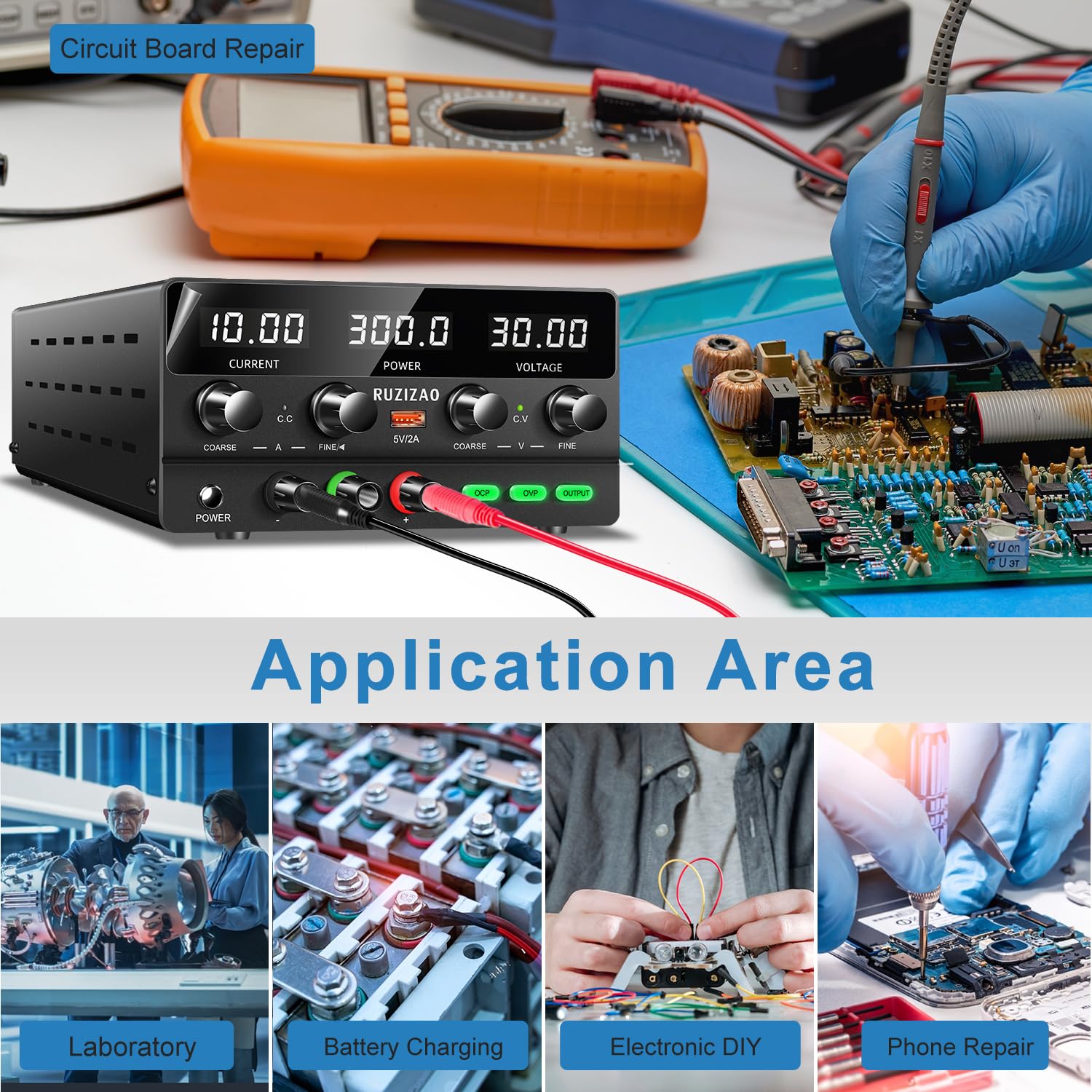 Alimentatore da Banco 30V 10A, SPS-H, Alimentatore da Laboratorio DC Regolabile Stabilizzato, Funzione OCP, Funzione OVP, Interruttore di Uscita, Manopola Encoder, Porta USB 5V/2A
