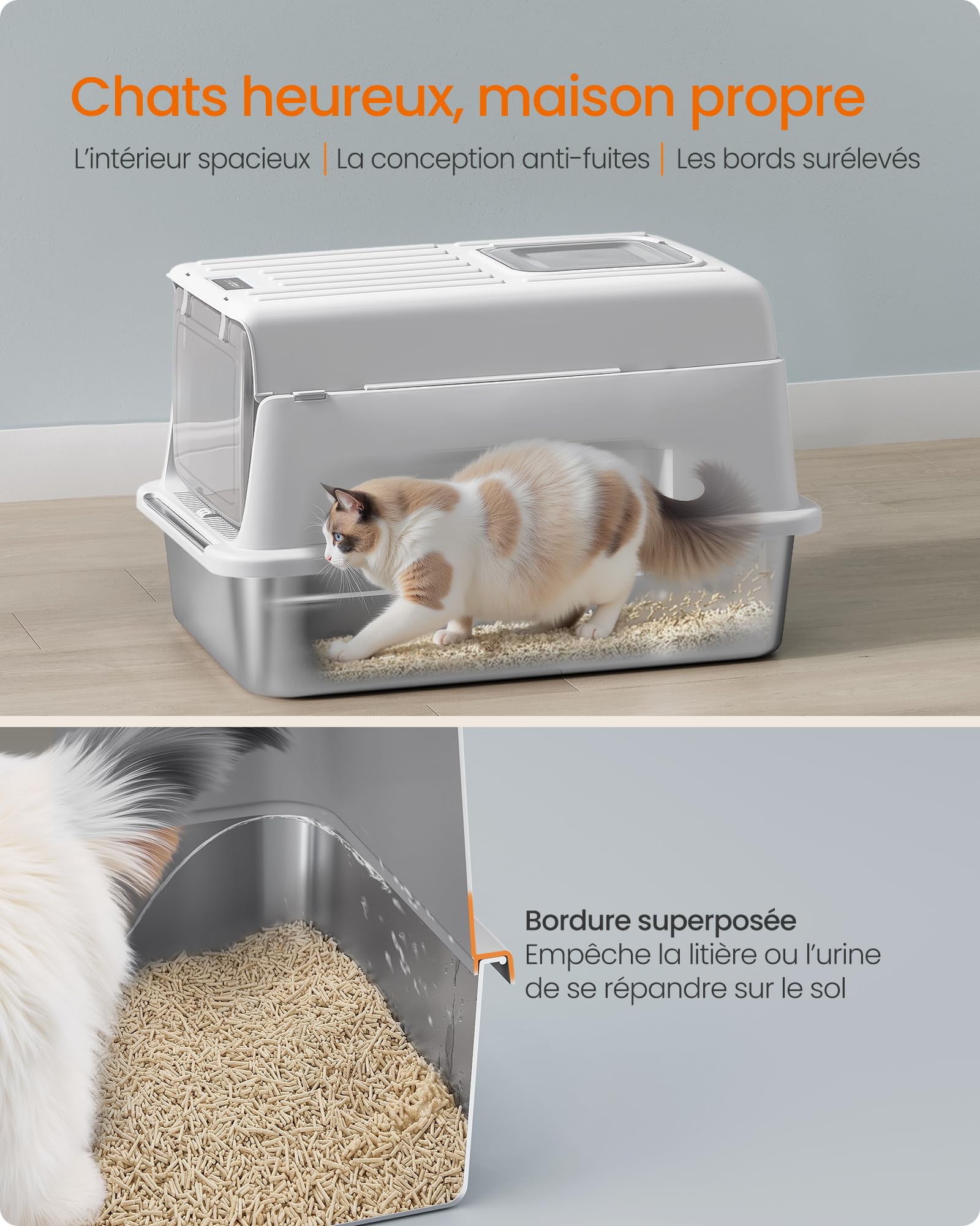 Feandrea Bac à Litière pour Chat, en Acier Inoxydable, avec Couvercle, Pelle, Tapis pour Litière et 2 Entrées, pour Chats Jusqu’à 15 kg, Gris Clair PPT007GD01