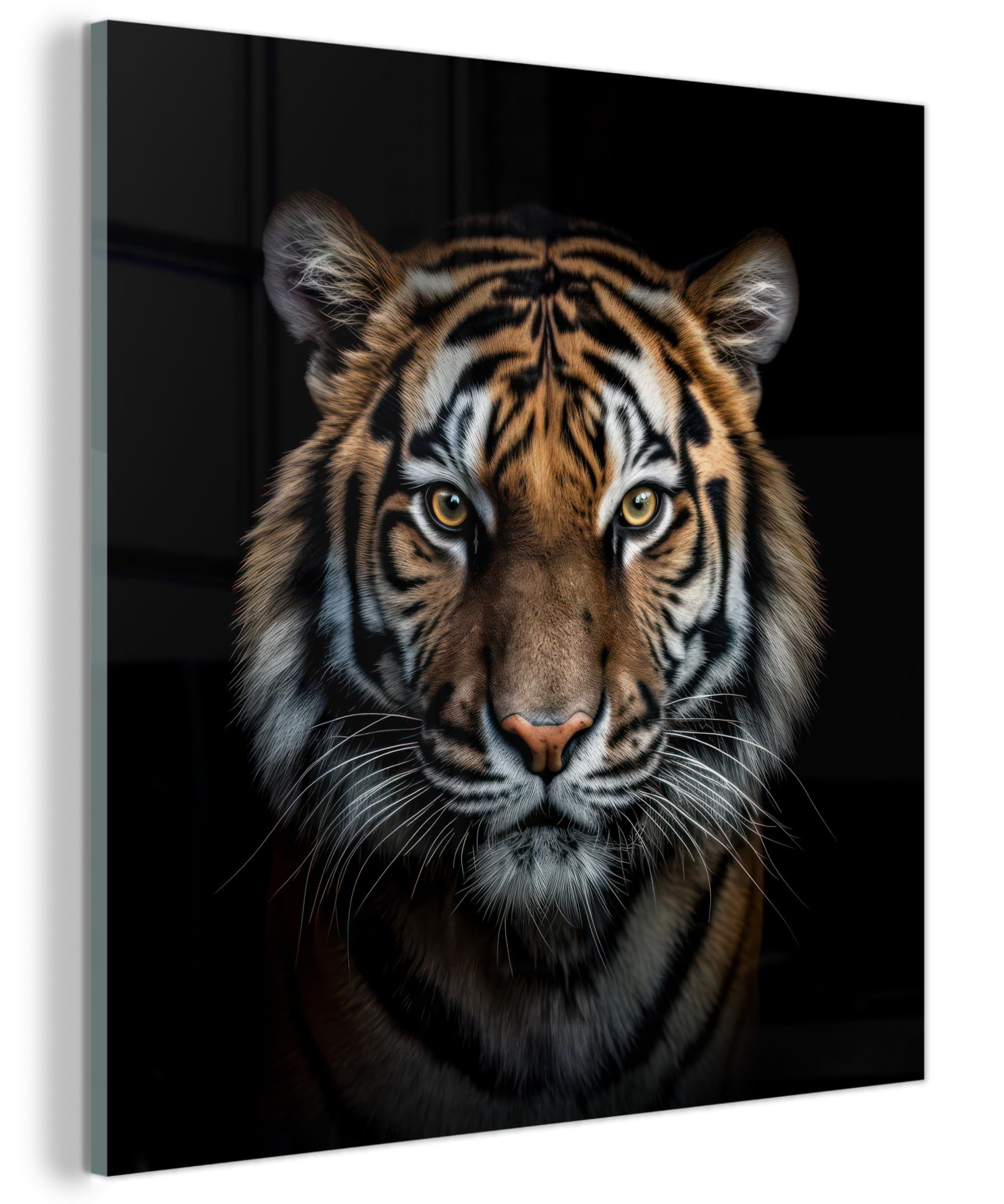 MuchoWow© Tableau en Verre 40x40 cm Déco Murale Salon Décoration Chambre Peinture Murale Déco pour la Maison Art Mural Tigre - Animaux - Noir - Portrait