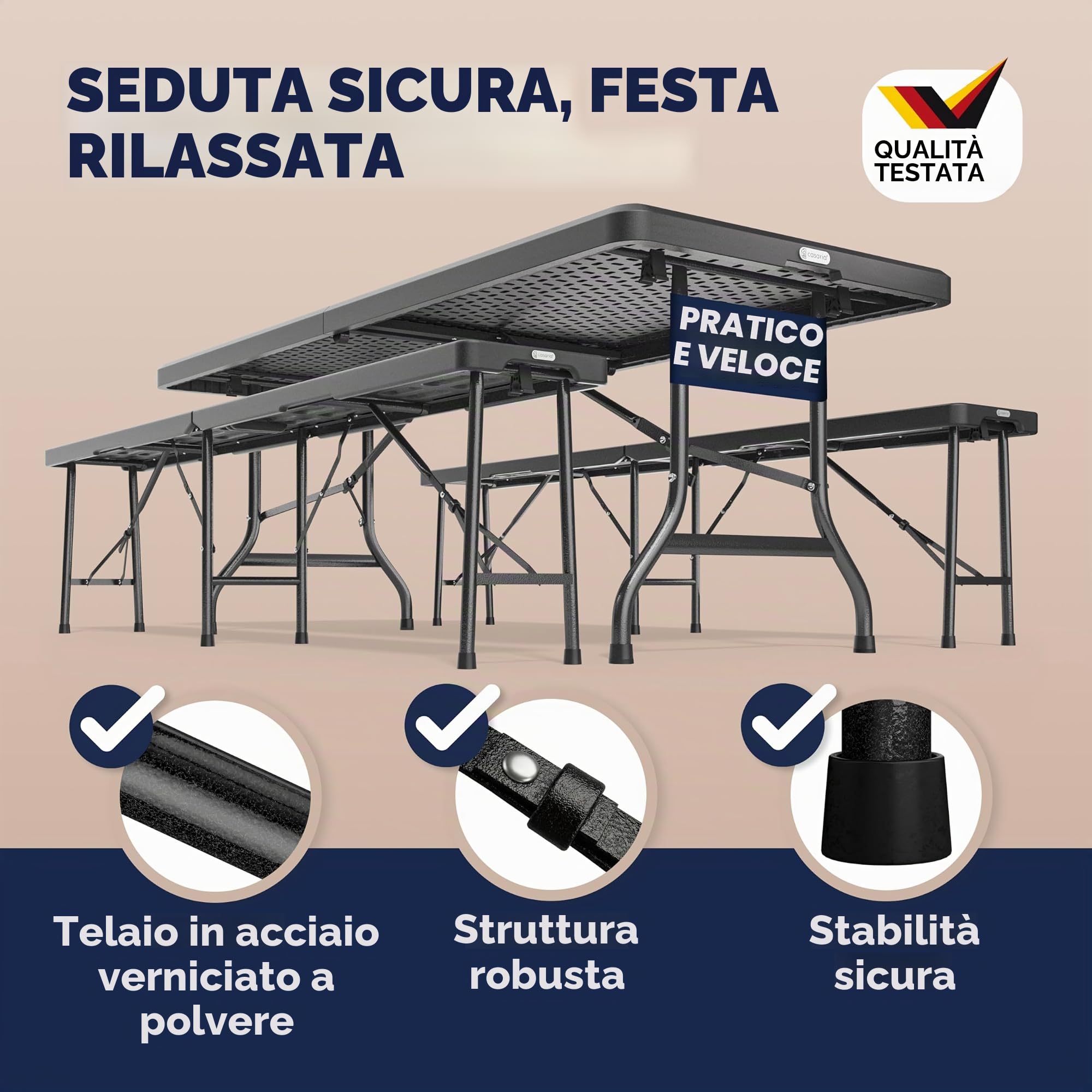 Casaria® Set da Birreria Pieghevole in Plastica con Maniglia Tavolo 2x Panca 3 Pezzi 180cm Campeggio Giardino Sagra