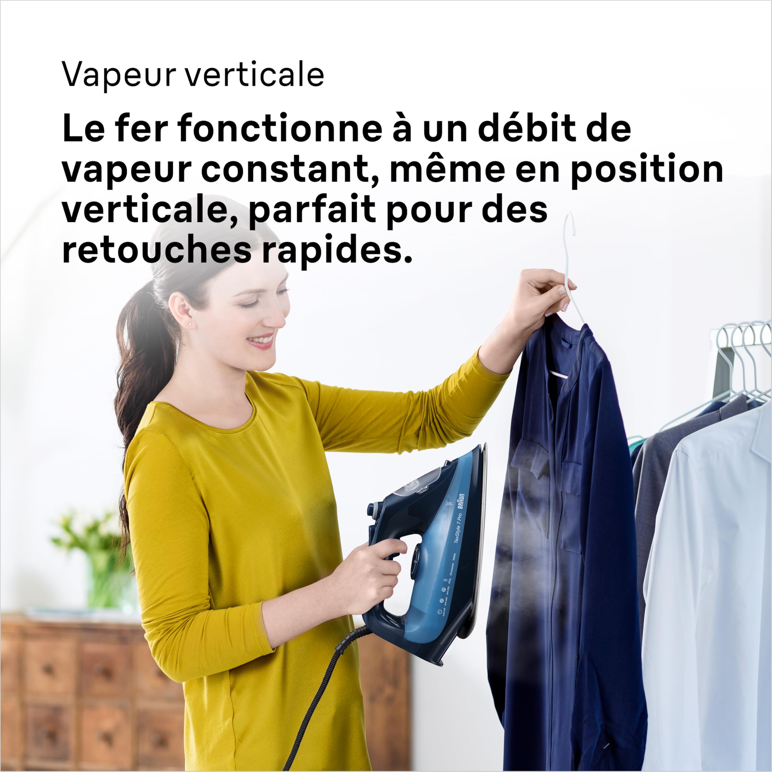 Braun TexStyle 7 Pro SI7160BL, Fer à Vapeur Débit 225g/min, Technologie FreeGlide 3D, Semelle EloxalPlus avec Pointe Précise, Fer à Vapeur Vertical, Capacité d'Eau de 300ml, 3100W, Bleu