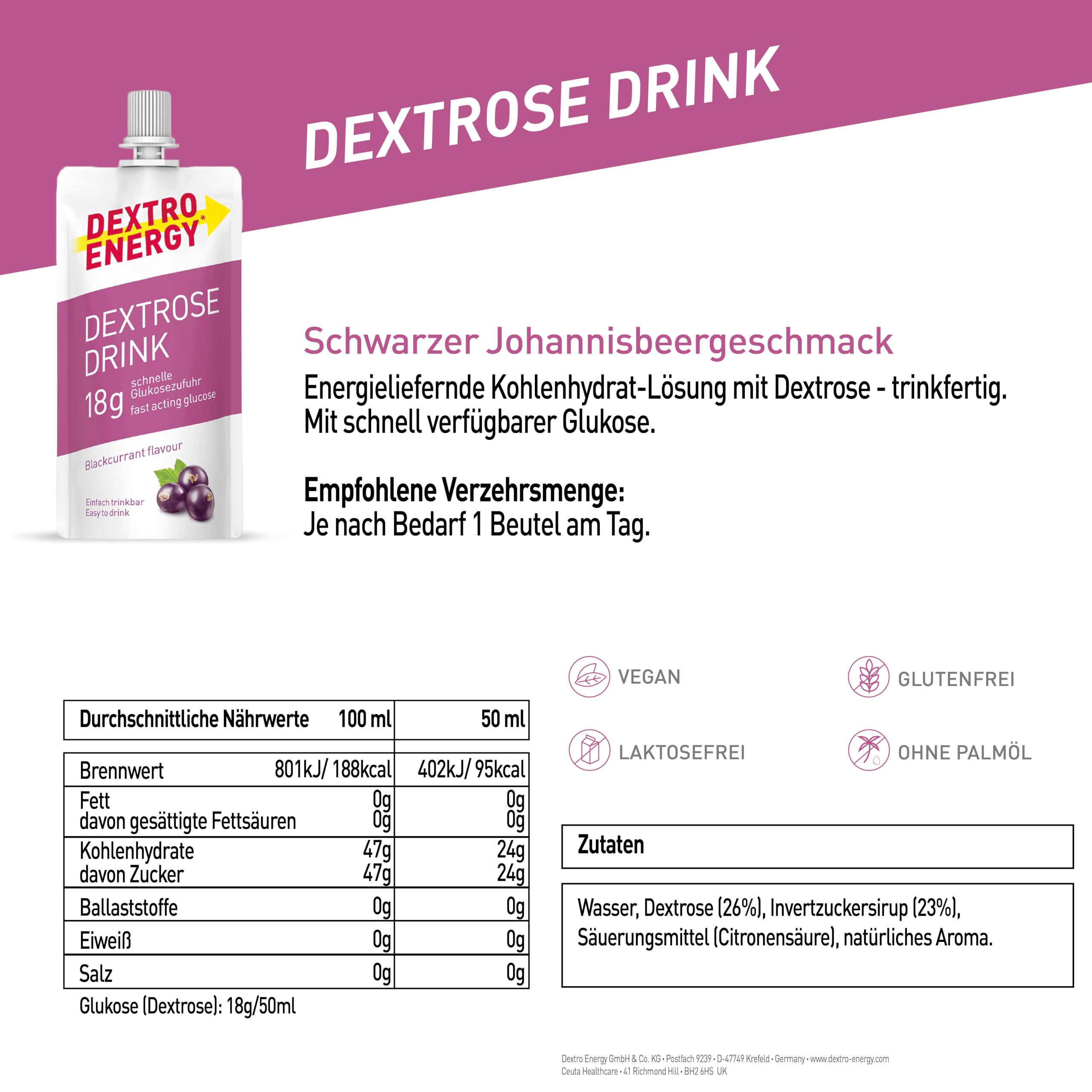 Dextro Energy Dextrose Drink Blackcurrant Flavour - 16x50ml (16er Pack) - Flüssiger Traubenzucker, 18g Glukosezufuhr, 24g Kohlenhydrate, ohne Fruktose, für Unterwegs, Sport & Alltag