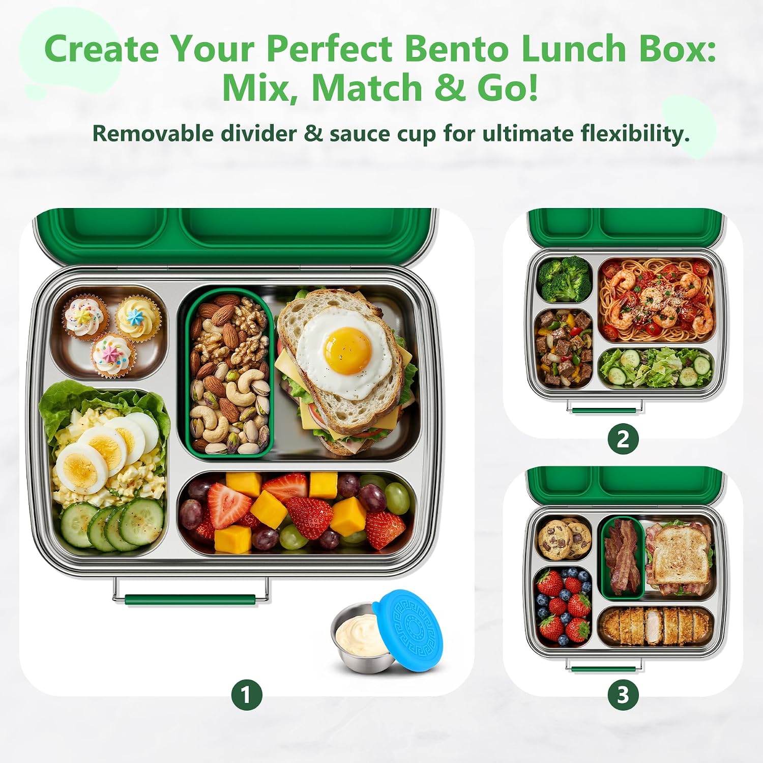 Stainless Steel Bento Lunch Box for Kids & Adults, 4 Compartment Kids Lunch Box, Metal Bento Box with Silicone Container and Stainless Steel Sauce Container,BPA-Free,School,Office(Green)