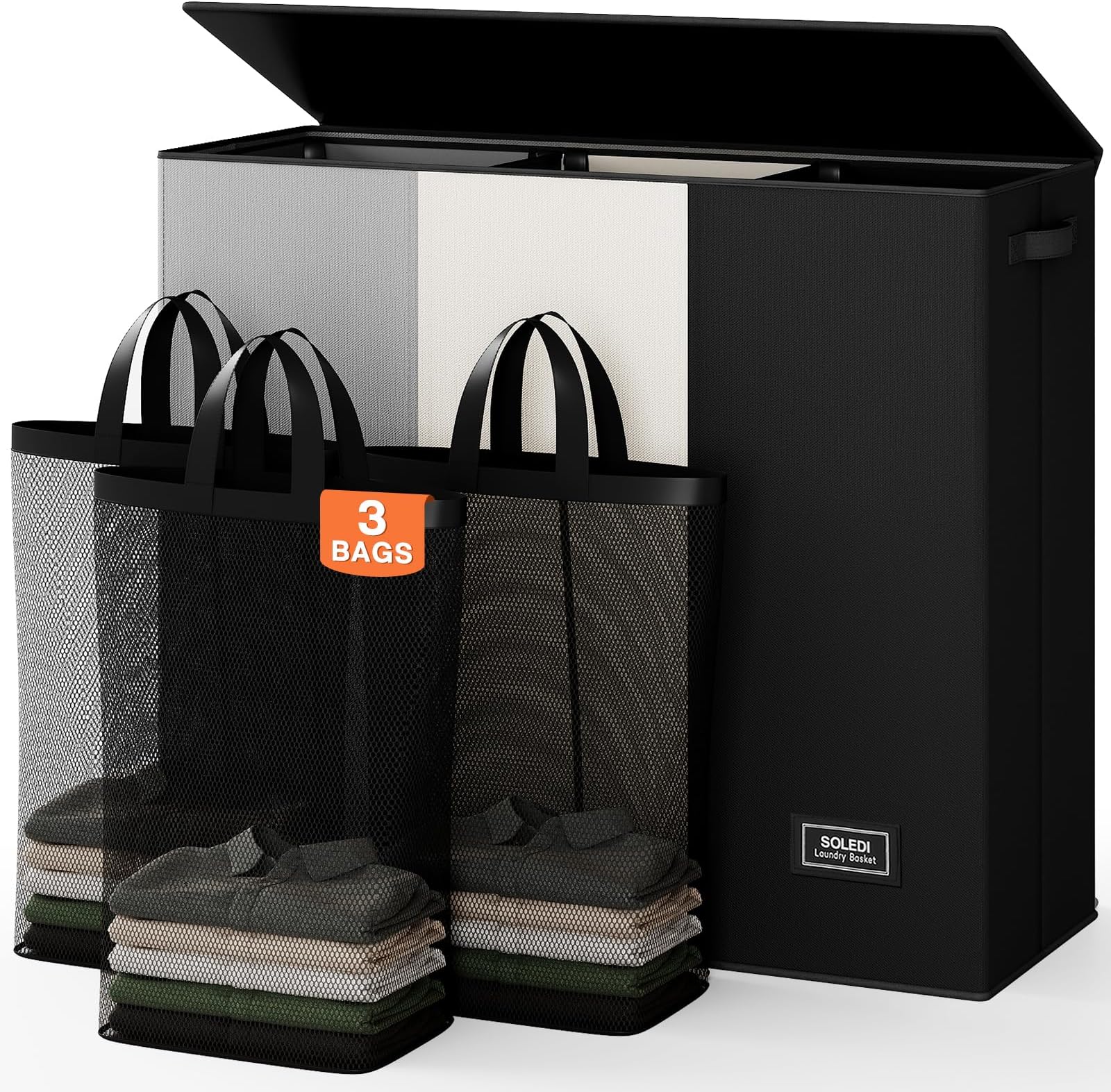 SOLEDI Laundry Hamper 3 section with lid and 3 Pcs Bag, Large Hamper 3 compartment 180L, Laundry Basket Laundry sorter Clothes hamper for Laundryroom Bedroom Blanket Storage Organizer