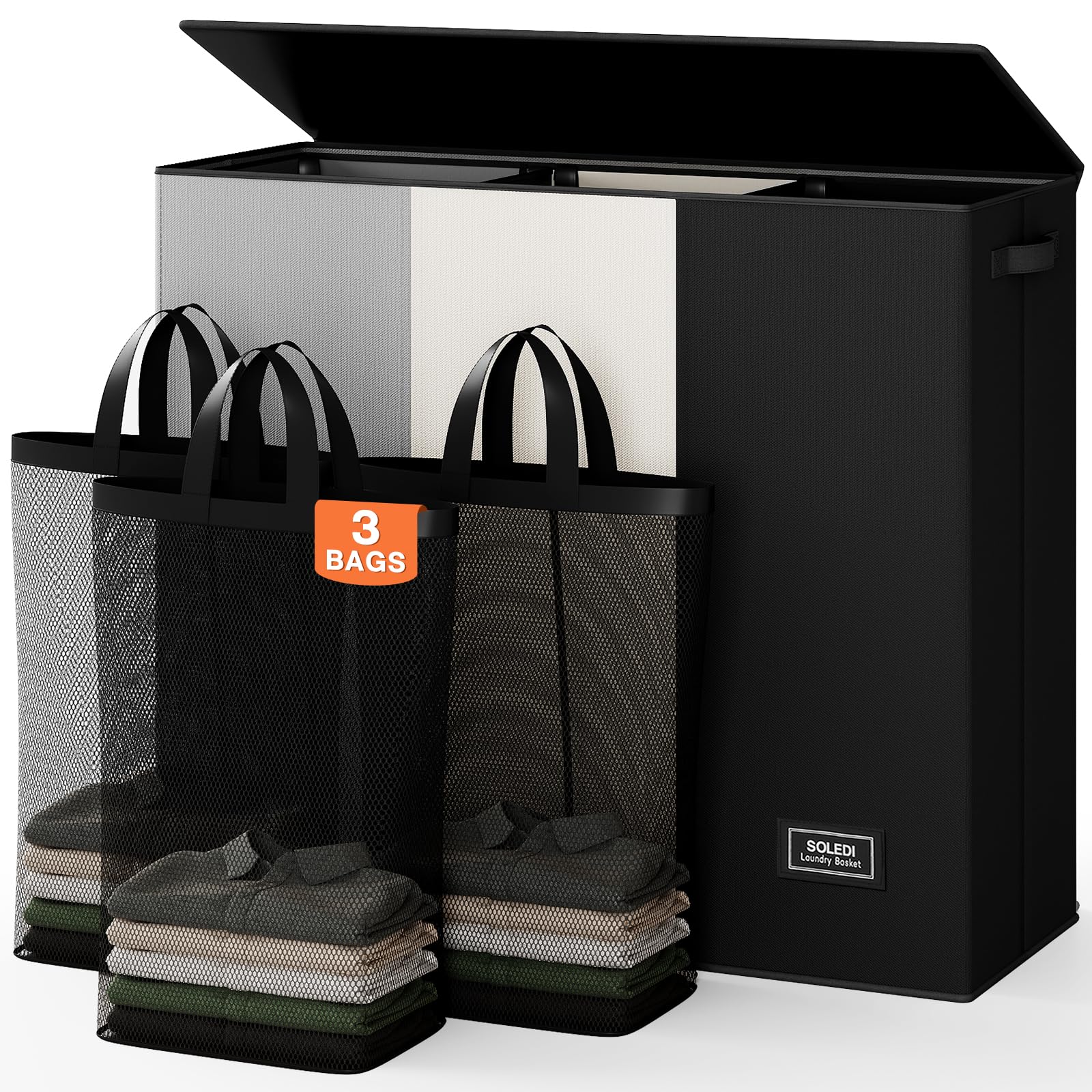 Large 3-Section Laundry Hamper - 180L Black -21