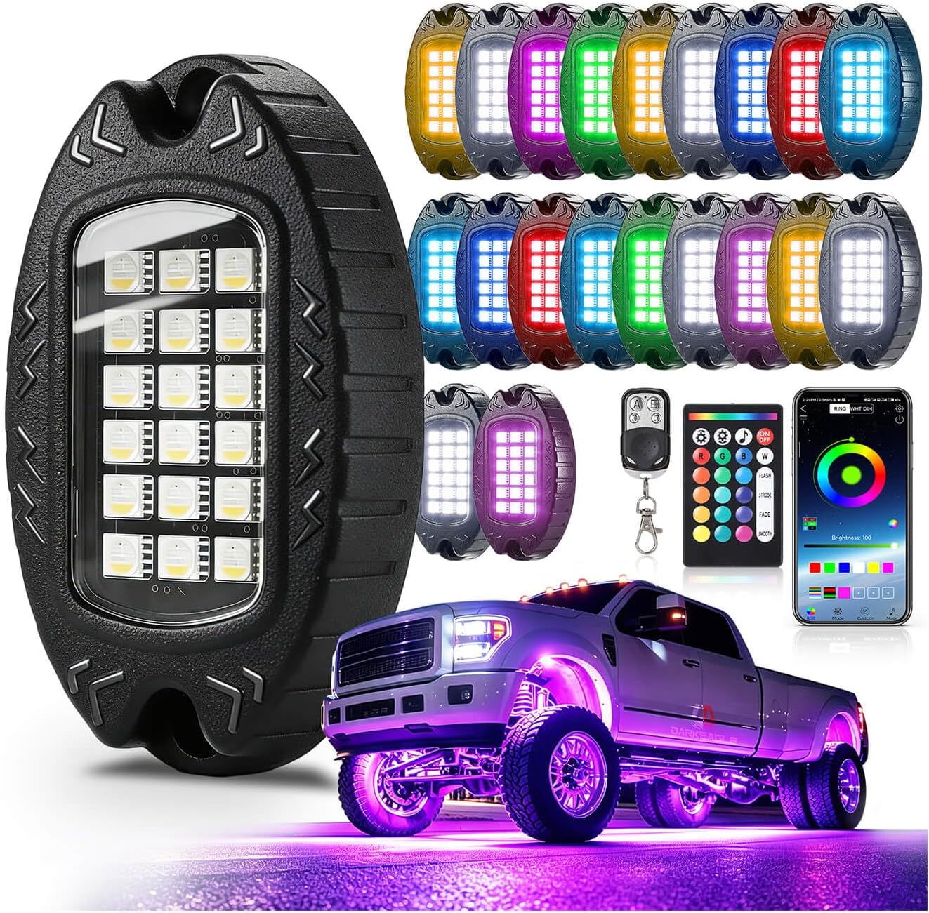 20Pods Heavy Duty Aluminum RGBW LED Rock Lights Kit for Trucks Pickup Dually Truck Off-Road, APP/RF Remote, Plug and Play&Pre Wired, IP67 Waterproof Multicolor Dual Zone 12V Underglow Accent Lights