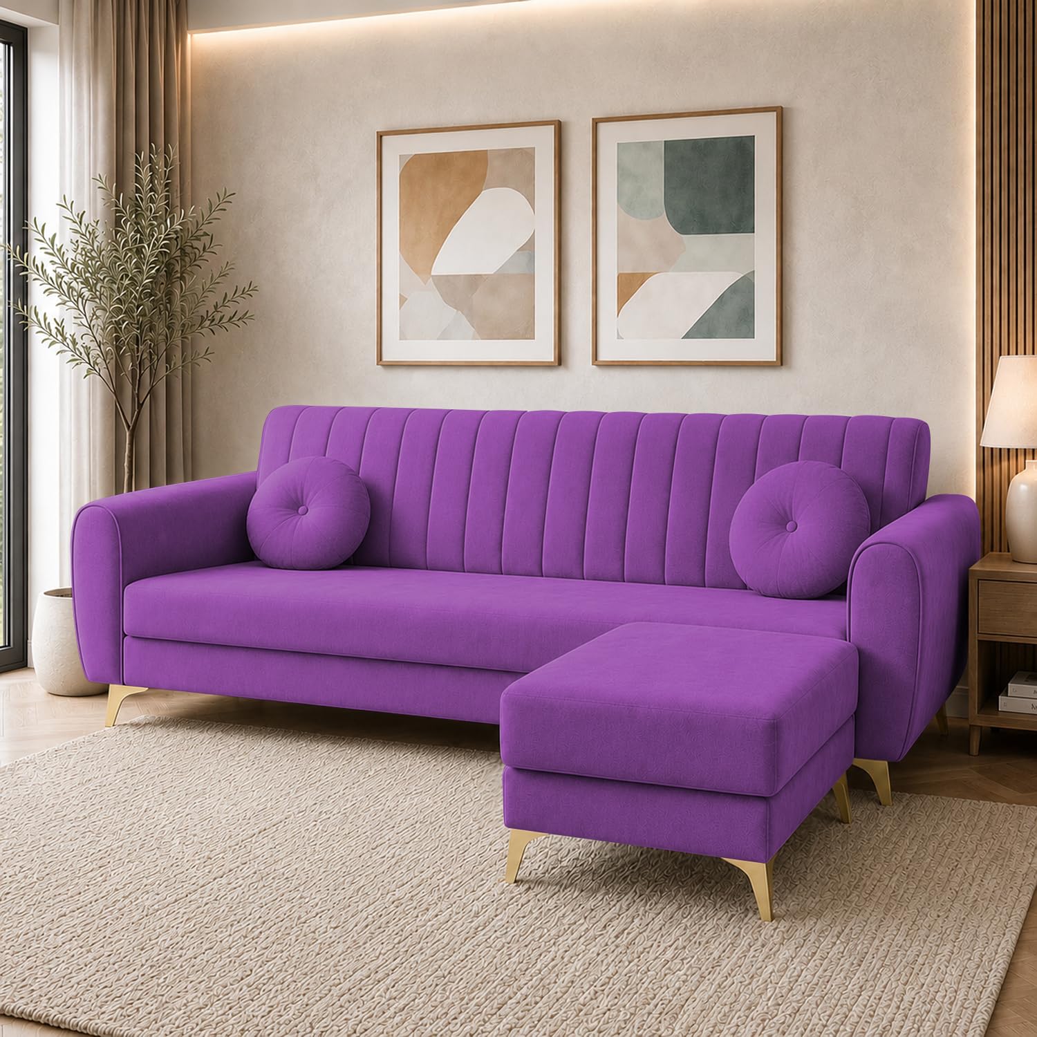 Casaliving Jaime Modern Velvet Fabric Upholstered 3 Seater Sofa Set with Ottoman for Living Room, Premium Velvet Fabric Sofa (Purple)-image-18