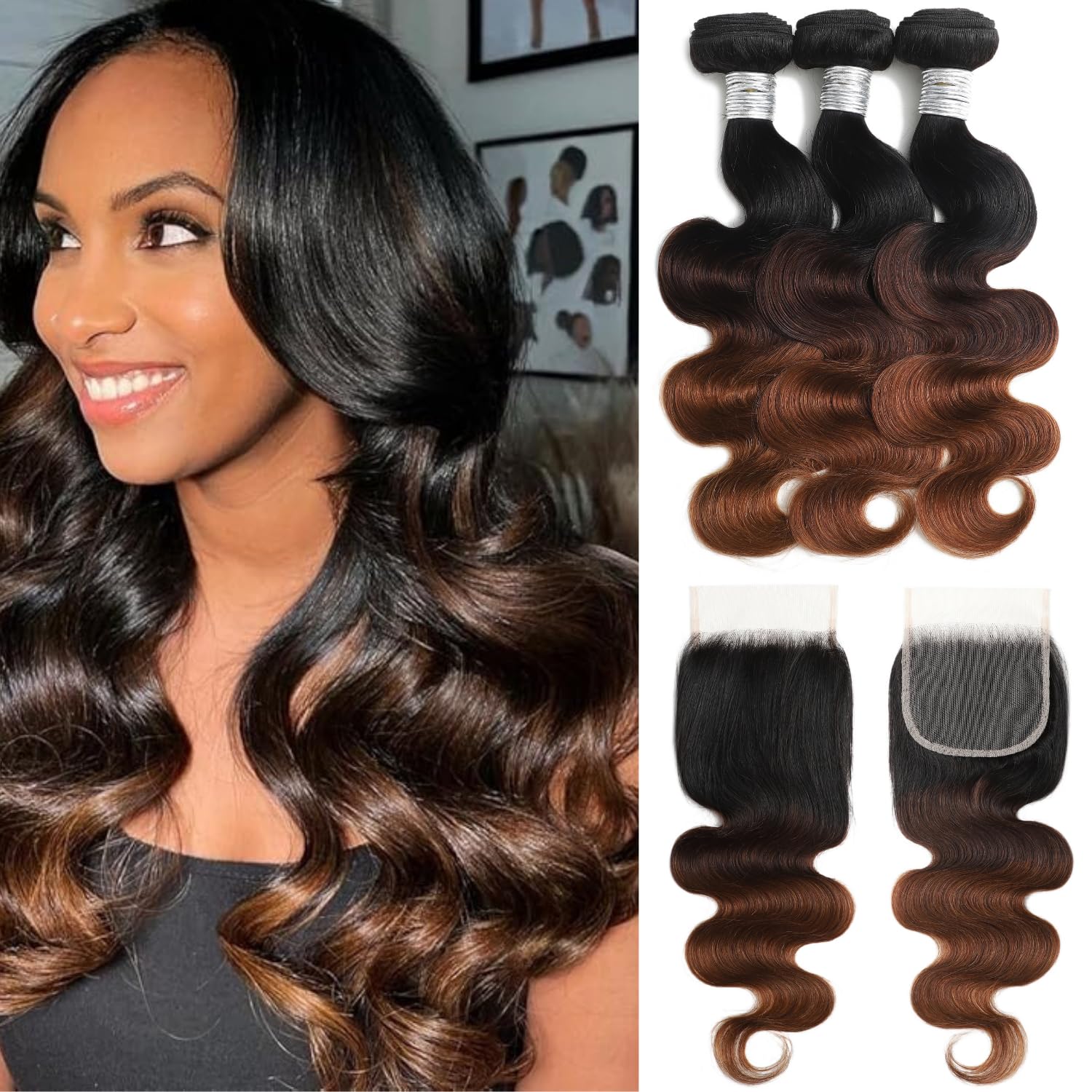 ANMETAN Ombre T1B/2/30 Body Wave Human Hair 3 Bundles with 4x4 Closure, 12A Chestnut Brown Bundles and HD Lace Closure Free Part (10/12/14+10 In) Real