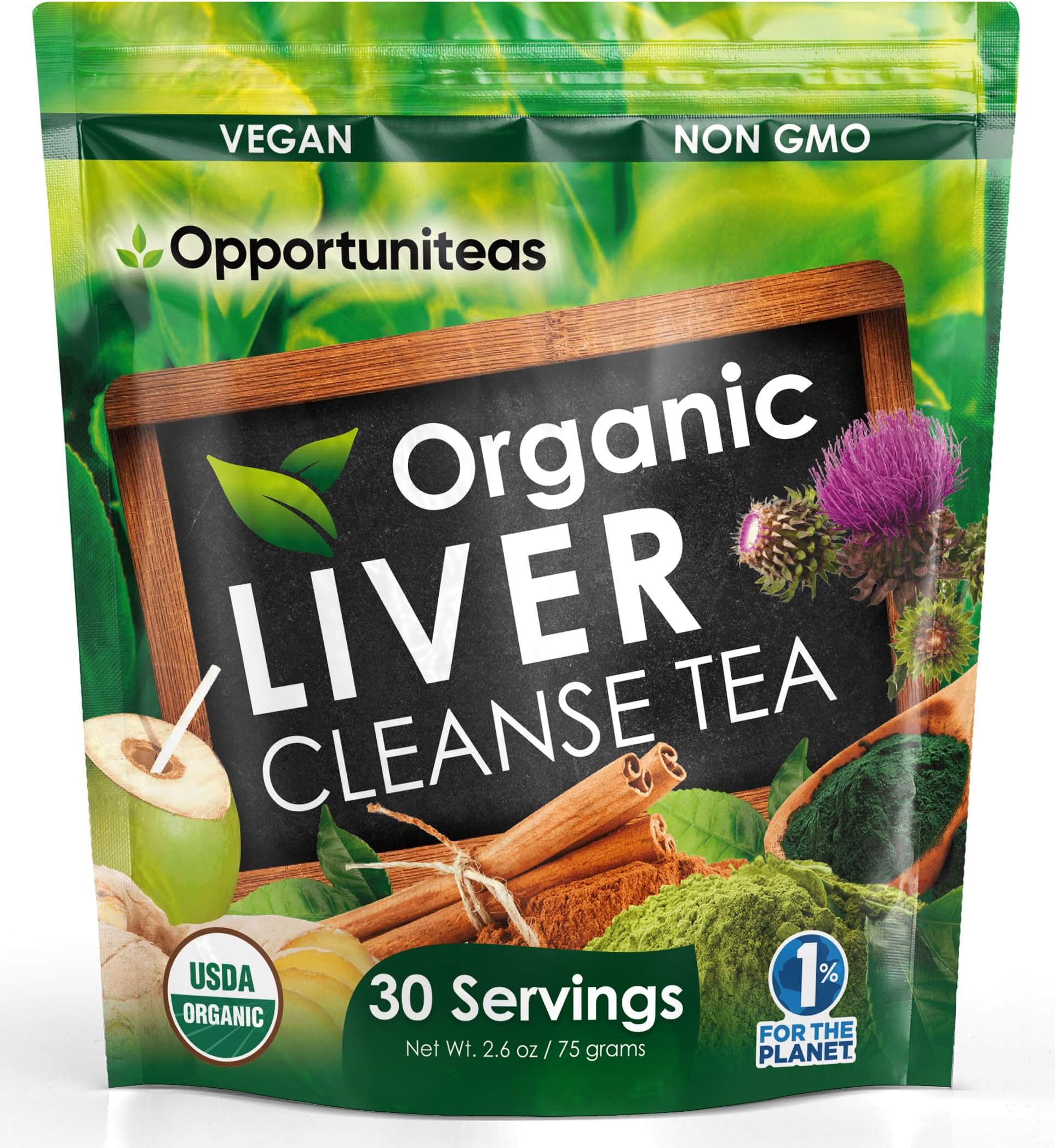 Opportuniteas Organic Liver Cleanse & Repair Green Tea Powder | Milk Thistle, Matcha Green Tea, Coconut Water, Spirulina, Ginger, & Cinnamon Powder, 30 servings