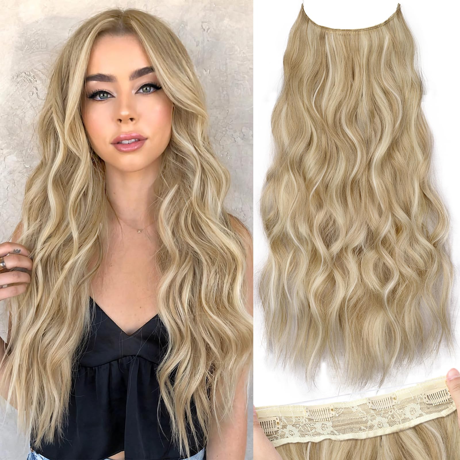 KooKaStyle Invisible Wire Hair Extensions with Transparent Wire Headband Adjustable Size 4 Secure Clips Long Wavy Hairpiece for Women(Beige Blonde mix