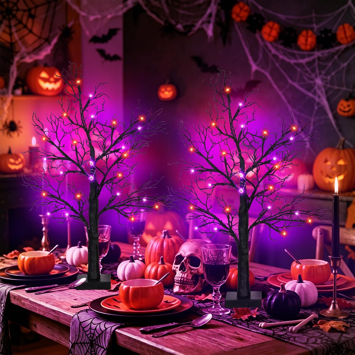 [Timer] 2 Pack Halloween Decorations Indoor, 24 Inch Lighted Black Halloween Tree with 24 Orange & Purple Lights, USB or Battery Powered Spooky Tabletop Tree for Home, Party, Fireplace & Holiday Decor