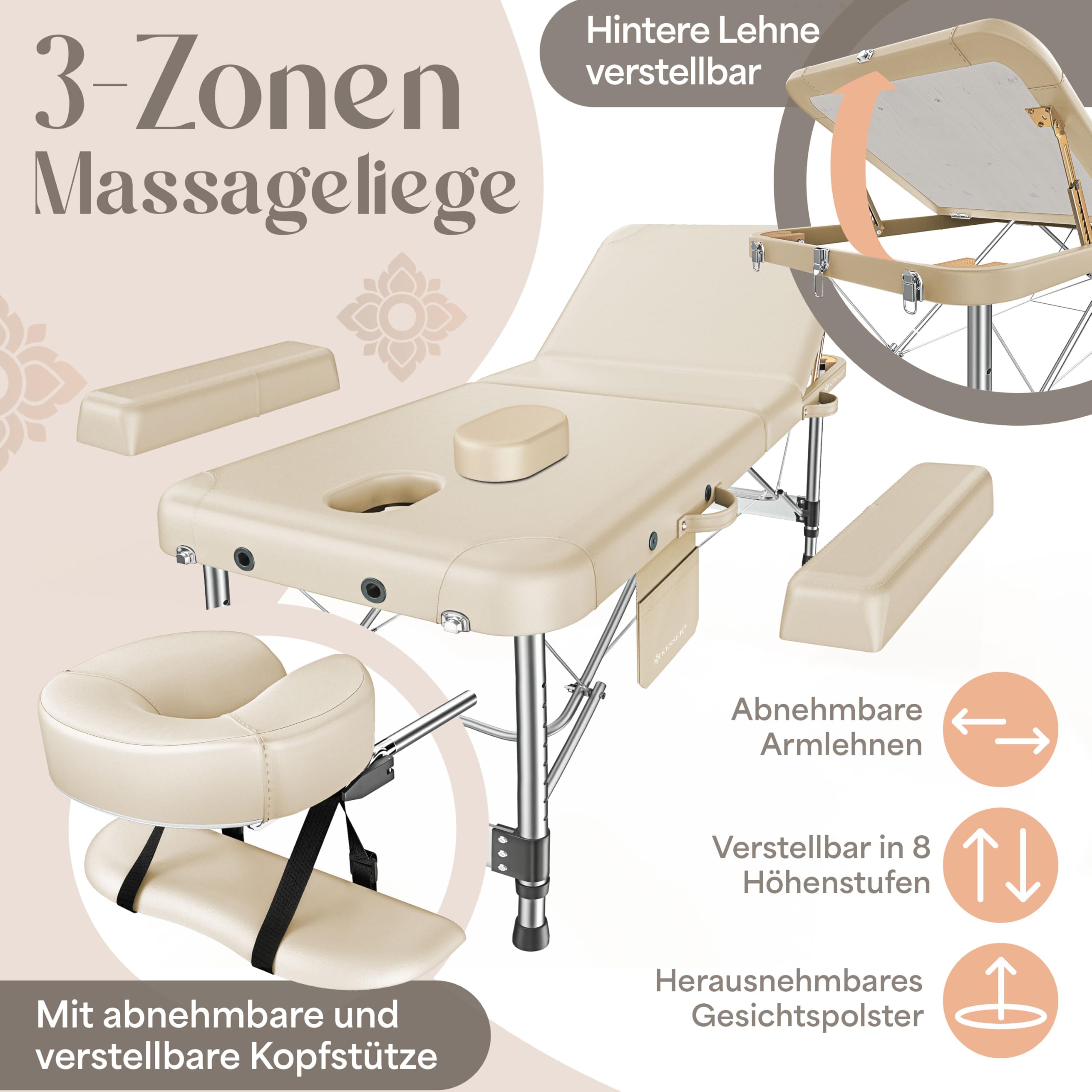 KESSER® Camilla de Masaje Móvil Plegable y Ajustable en Altura Cama 3 Zonas Estética Amplia de Terapia Aluminio + 10x Reposacabezas