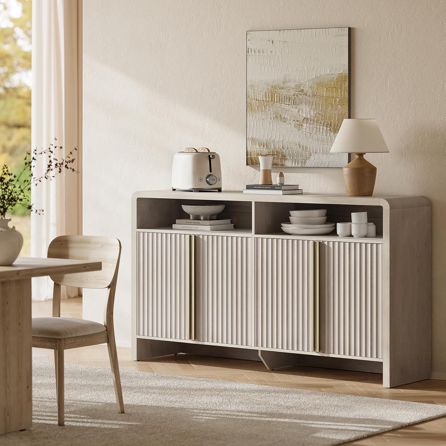 ModernMate 59" Sideboard Buffet Cabinet with Storage, Modern Fluted 4-Door Credenza Accent Cabinet with Open Storage Shelf, Curved Coffee Bar Table, Large Storage Cabinet for Living Room, Entryway