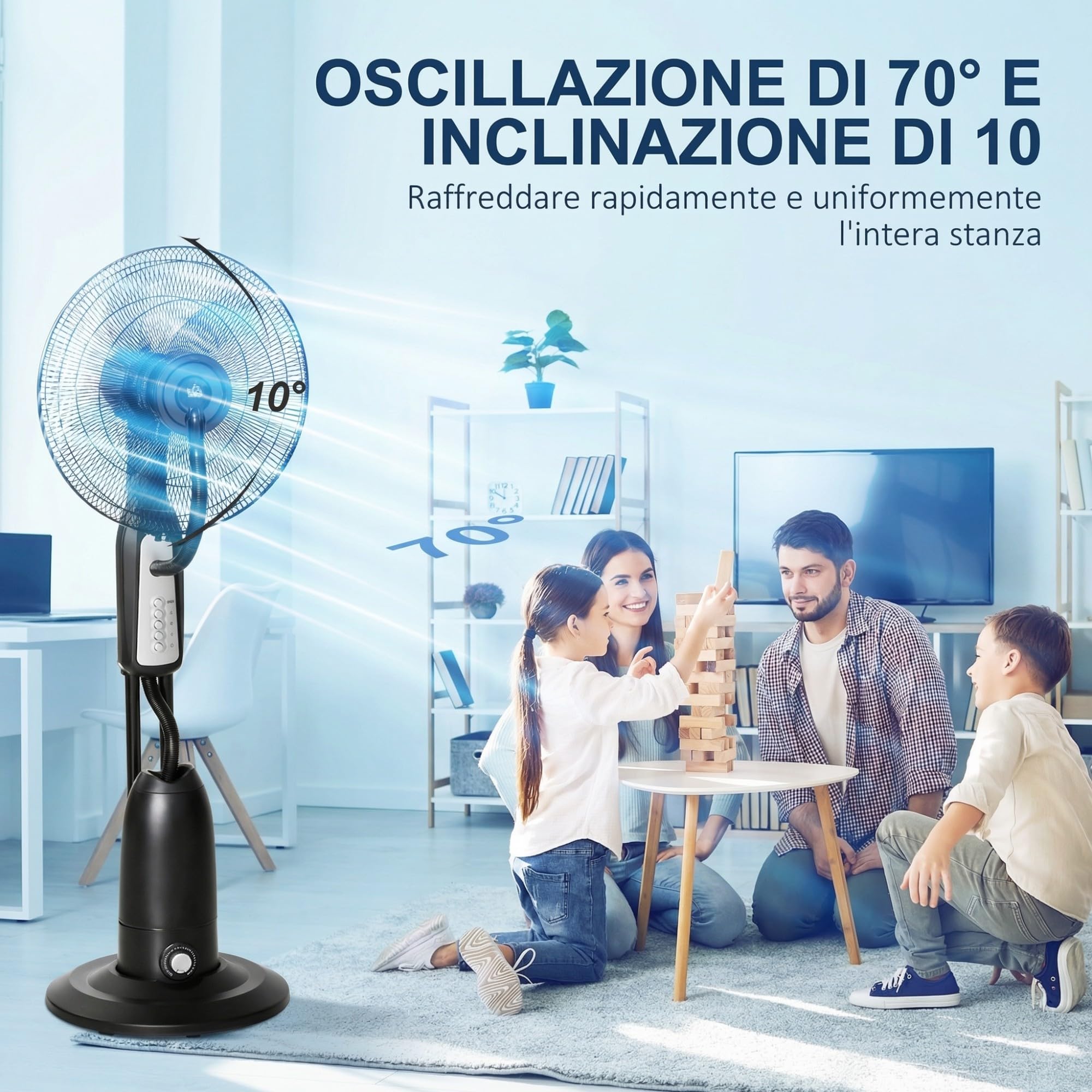 HOMCOM Ventilatore Nebulizzatore 90W con 4 Velocità e Serbatoio 2.8L, Ventilatore a Piantana con 4 Ruote, Metallo PE ABS, 44.5x44.5x120 cm, Argento e Nero