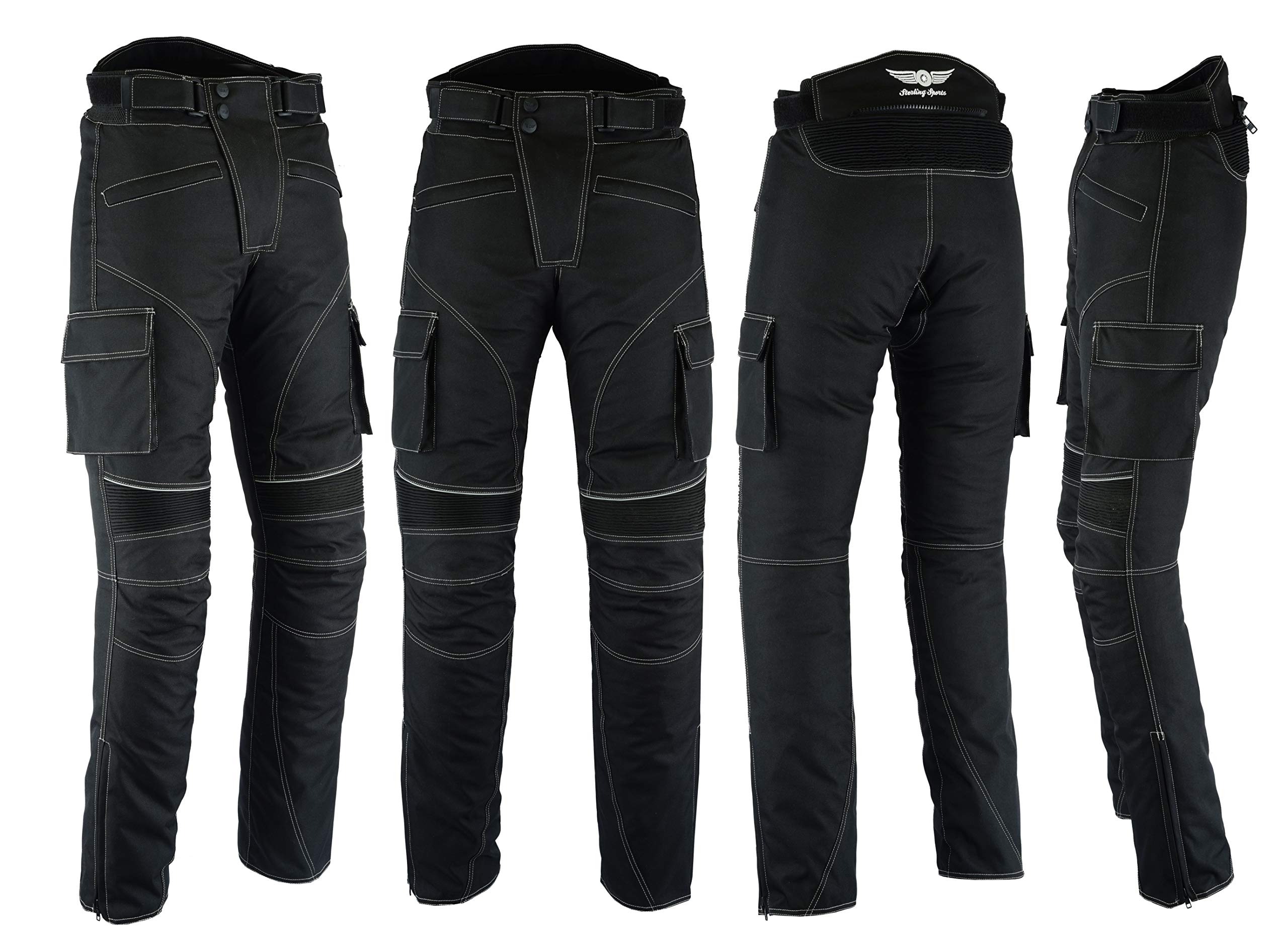Sterling Sports® All Black Motorbike Motorcycle Trousers Waterproof Black Textile Biker Armoured CE Cordura Motocross Cargo Pocket Waterproof Textile Trousers Pants (42 Waist 32 Leg)