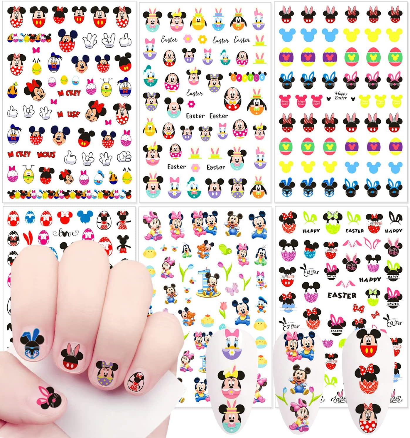 6 Sheets Easter Nail Art Stickers Mickey Nail Decals 3D Self-Adhesive Cute Mickey Mouse Minnie Egg Rabbit Design Nail Decals Cute Cartoon Nail Stickers Kawaii Nail Supplies for Easter Nail Decoration