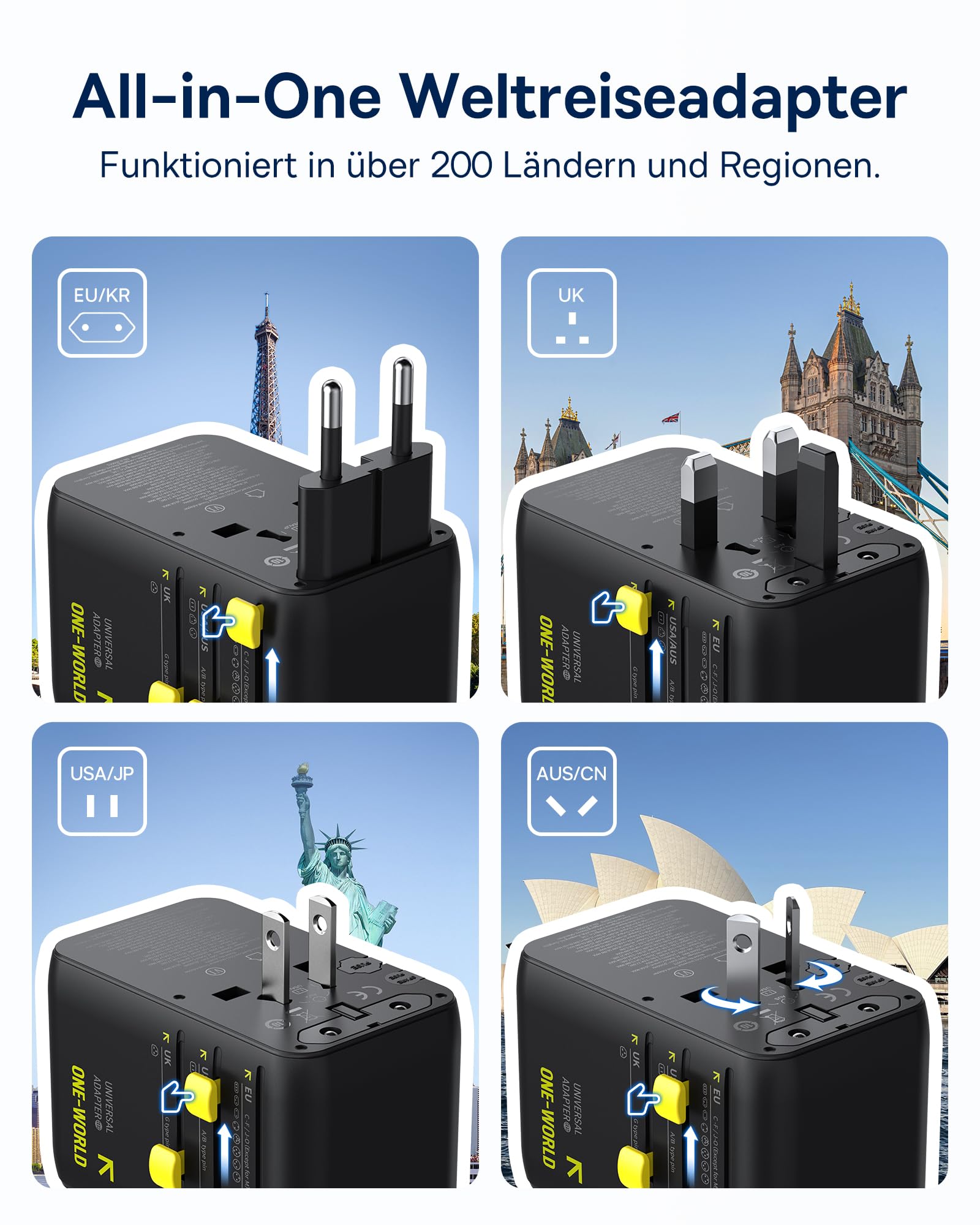 Baseus Enercore 70W Reiseadapter Weltweit mit Ausziehbarem Kabel, Universal Reisestecker mit 2AC+2USB A+USB C, Internationaler Steckdosenadapter, für USA England Japan Thailand Australien