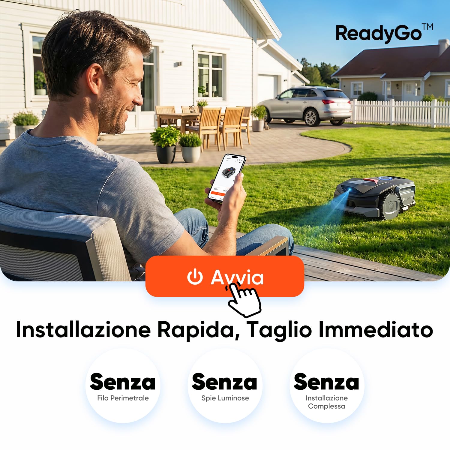 Sunseeker V1 con Garage, Robot Tagliaerba Senza Filo Perimetrale, 300 m² per Piccoli Giardini, Vision AI, Evitamento degli Ostacoli, Pendenze 27%, Taglio con un Clic, Controllo tramite App