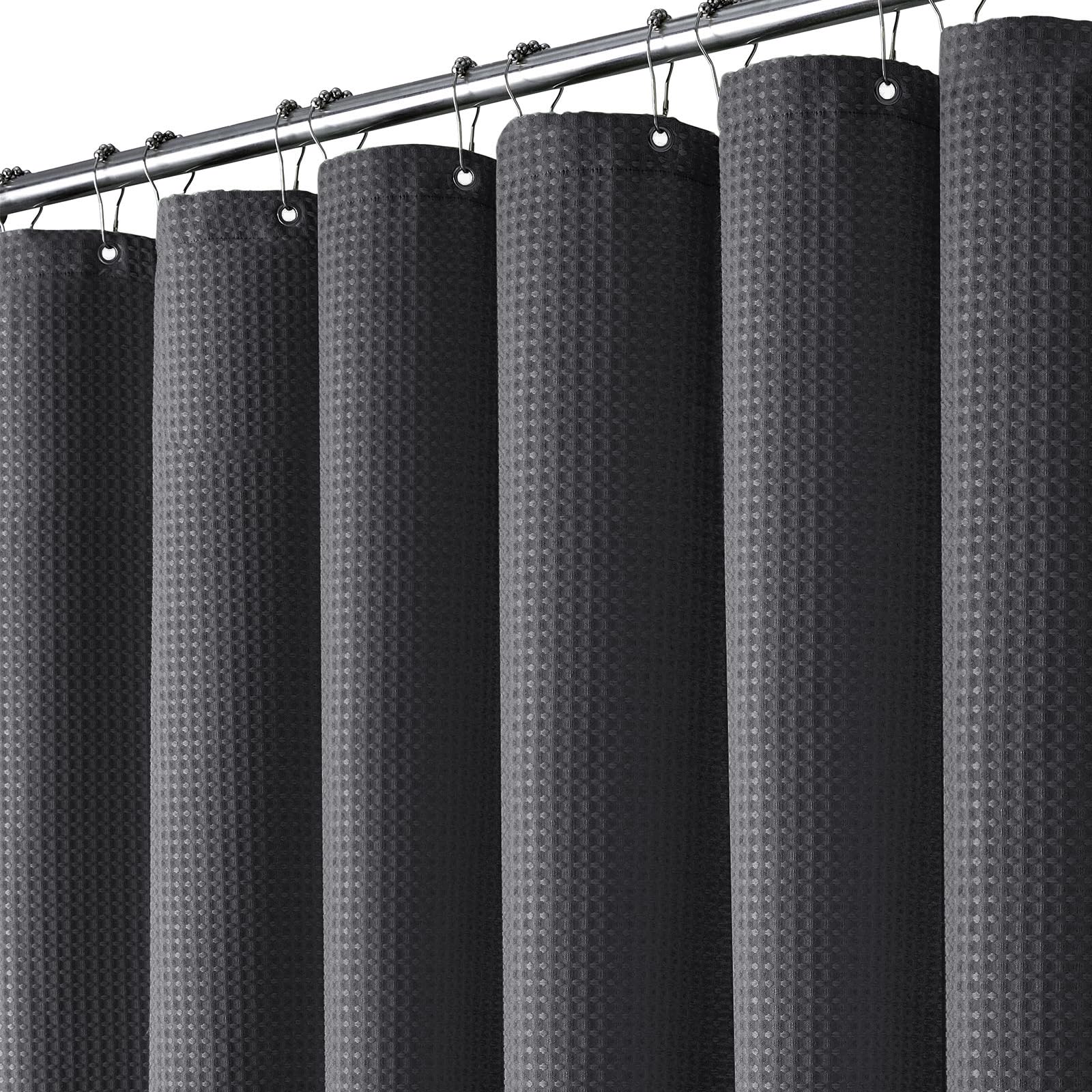 BTTN 182 x 200cm Drop Long Waffle Shower Curtain, Extra Long Mould Proof Resistant Heavy Duty Fabric Shower Curtains, Waterproof Weighted Cloth Shower Curtain Set with 12 Plastic Hooks, Charcoal Grey