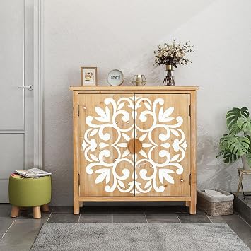 32" Rustic Small Storage Cabinet, Storage Cabinets with Floral Carved Doors, Tool Cabinet with Sturdy Wood for Living Room and Entryway, Antique Brown+White