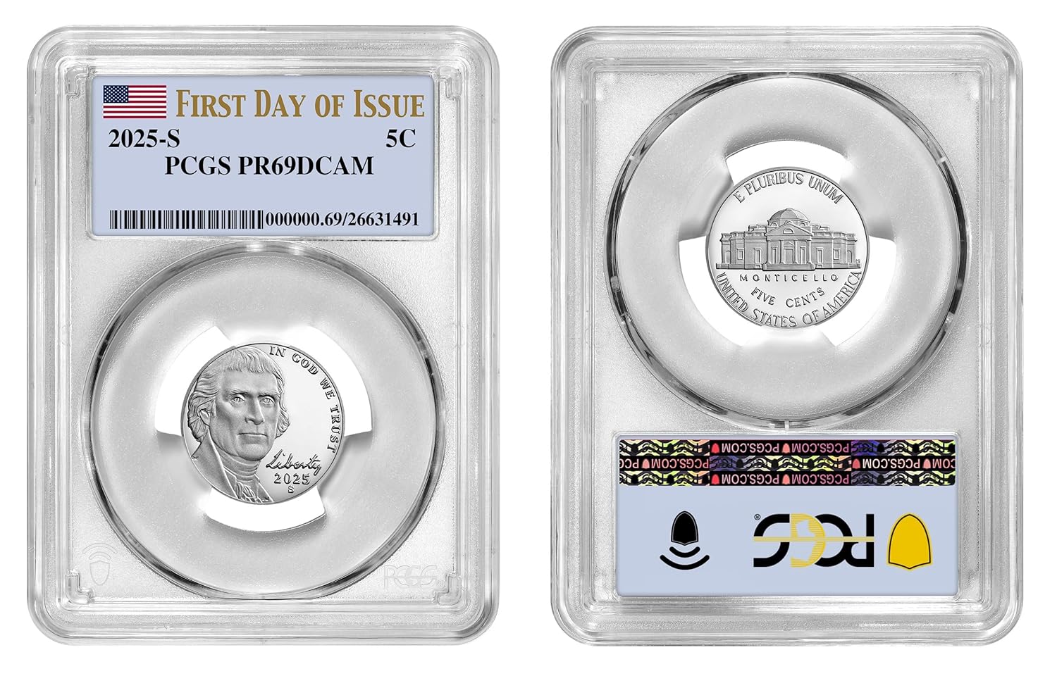 2025-S Jefferson Nickel, PCGS PR-69 DCAM, First Day of Issue, Flag Label, Proof Coin, Copper