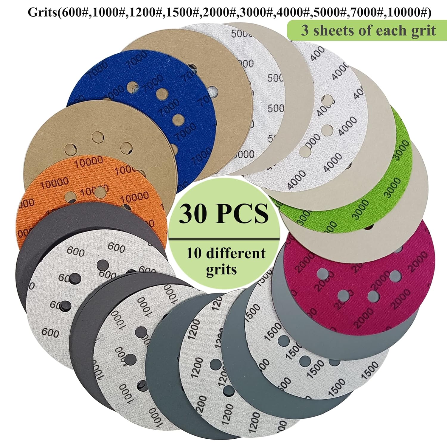 30 PCS 5 Inch 8 Hole #600-#10000 Sanding Discs 600/1000/1200/1500/2000/3000/4000/5000/7000/10000 Grit Compatible for Random Orbital Sander Sanding Grinder (30 PCS 5 inch 8Hole #600-#10000)