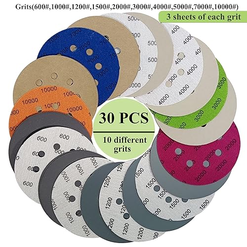 Miniatura 9 de 30 discos de lijado de 5 pulgadas, 8 agujeros #1200-#7000, grano 120020003000400050007000, compatible con lijadora orbital aleatoria (30 unidades de