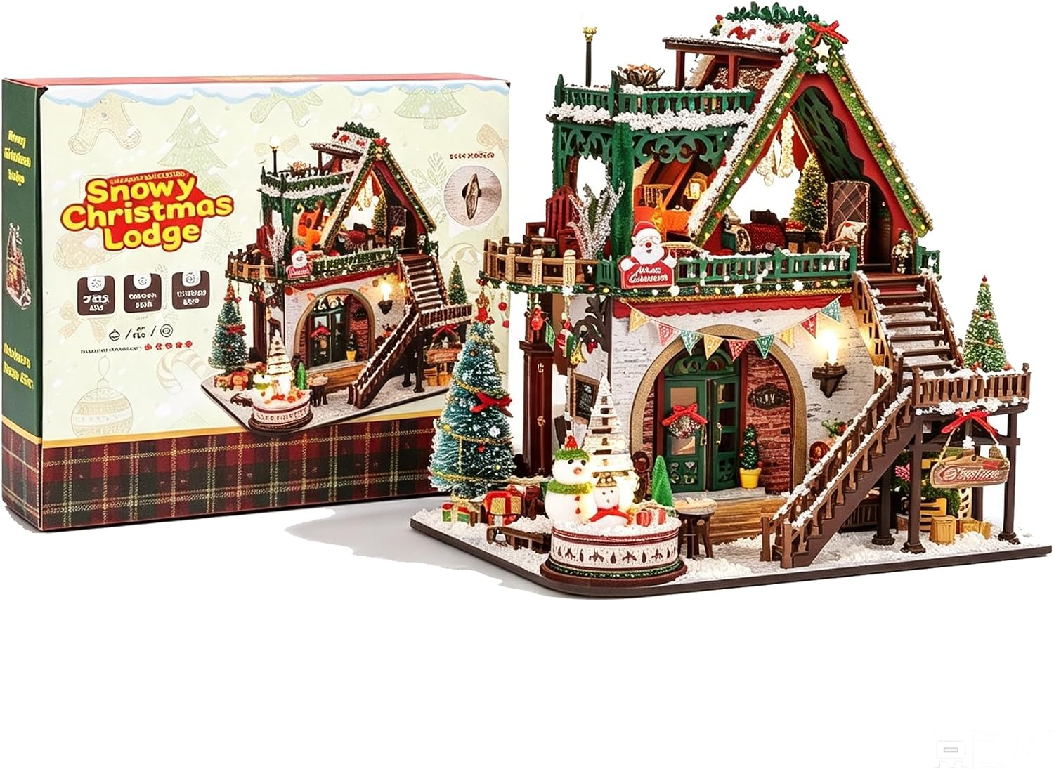 DIY Miniature House Kit, Christmas Wooden Dollhouse Kit with LED Lights & Music Box, 3D Mini House Building Kit for Adults, Xmas Snowy Lodge Craft Hobby Gift