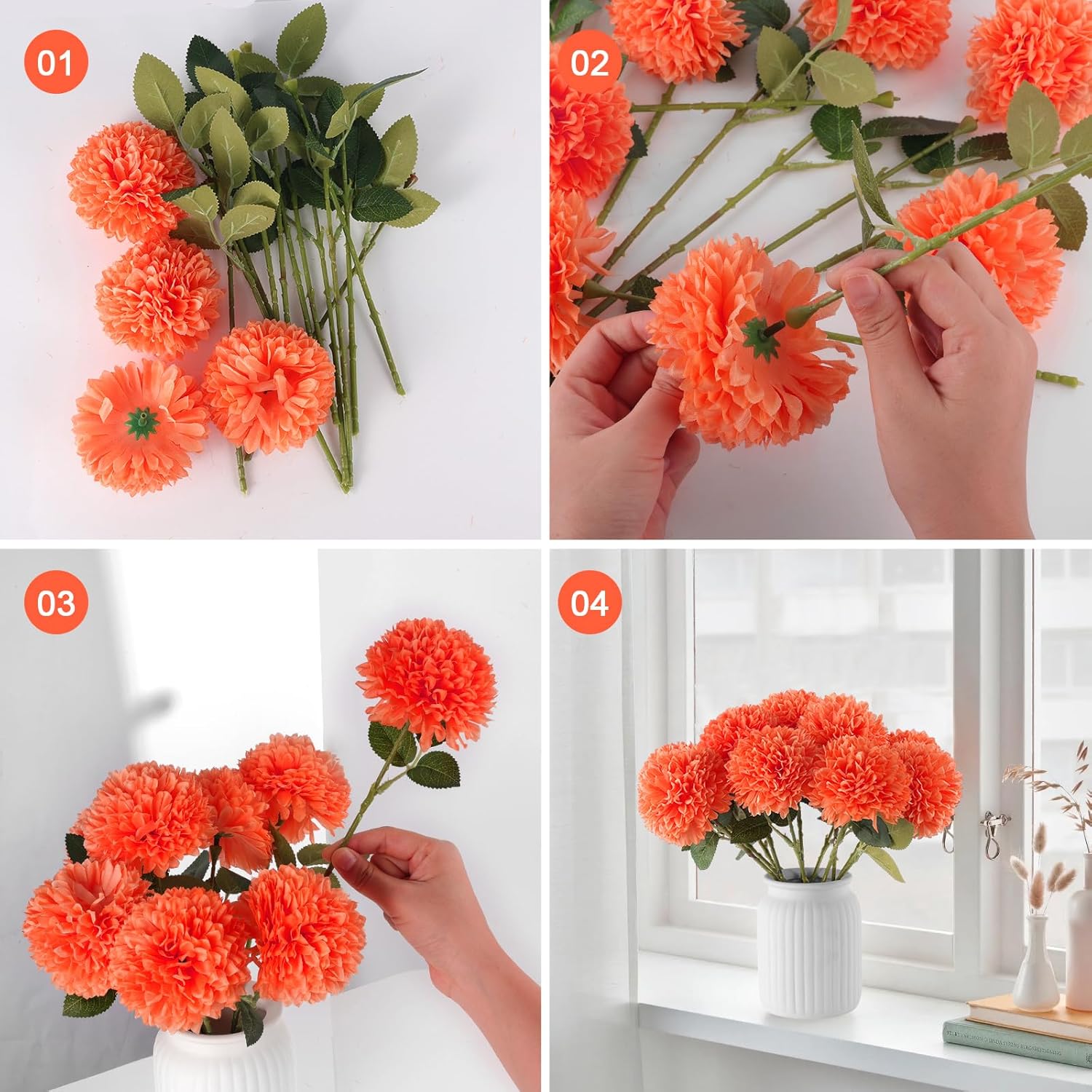 Hananona 12 Pcs Artificial Chrysanthemums Flowers Marigolds Ball Flower, Orange Fake Mums Silk Fall Flowers for Autumn Dia de Los Muertos Home Decor Day of The Dead Table Centerpiece (12, Orange) - Image 3