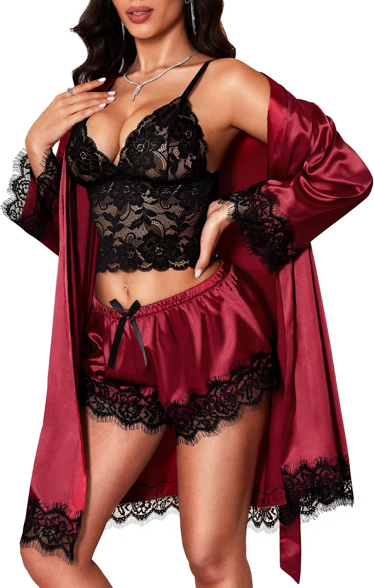 Sexy Lingerie Sets Women - Satin Robe Nightwear Silk Robe Babydoll Chemise Negligees Sleepwear 3-Pieces