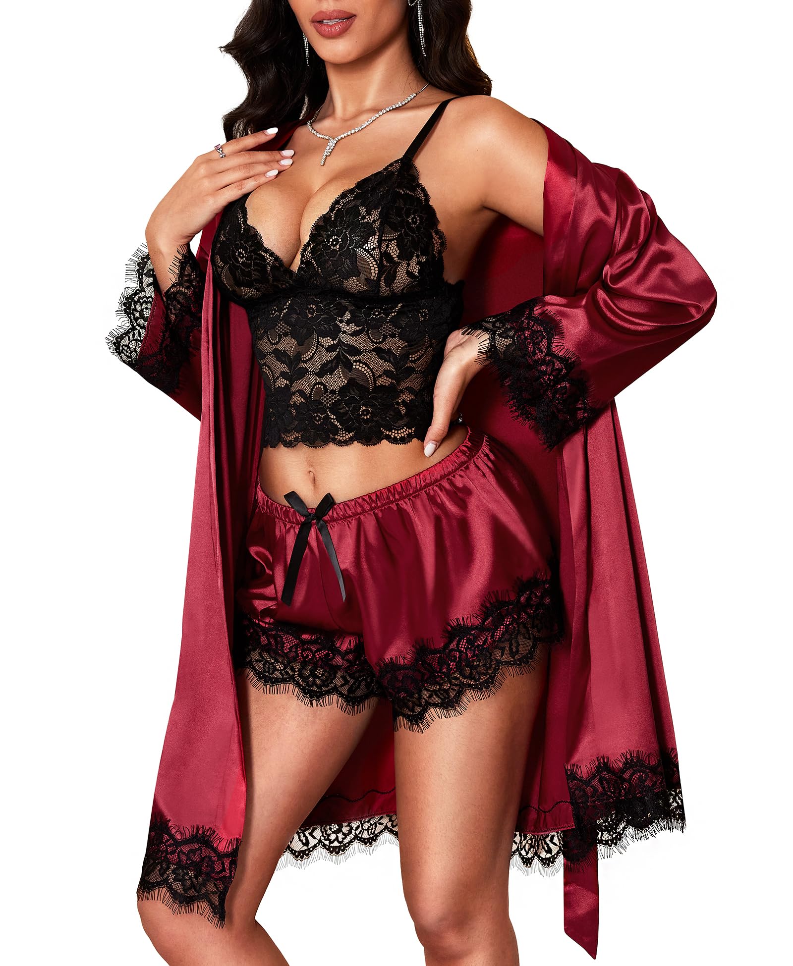 Sexy Lingerie Sets Women - Satin Robe Nightwear Silk Robe Babydoll Chemise Negligees Sleepwear 3-Pieces