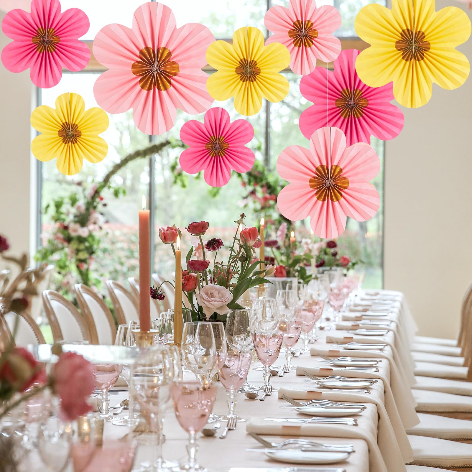 Ghirlande Ventagli Di Carta Sunbeauty - 9 Pezzi Fiori Rosa E Giallo Per Decorazioni - Foto 7