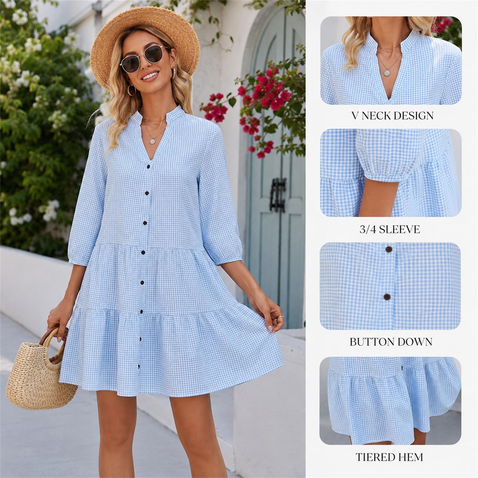 Abito Estivo Casual da Donna a Quadri Vichy, Modello a Trapezio a Balze con Maniche a 3/4 – Leggero e Ideale per Vacanze al Mare