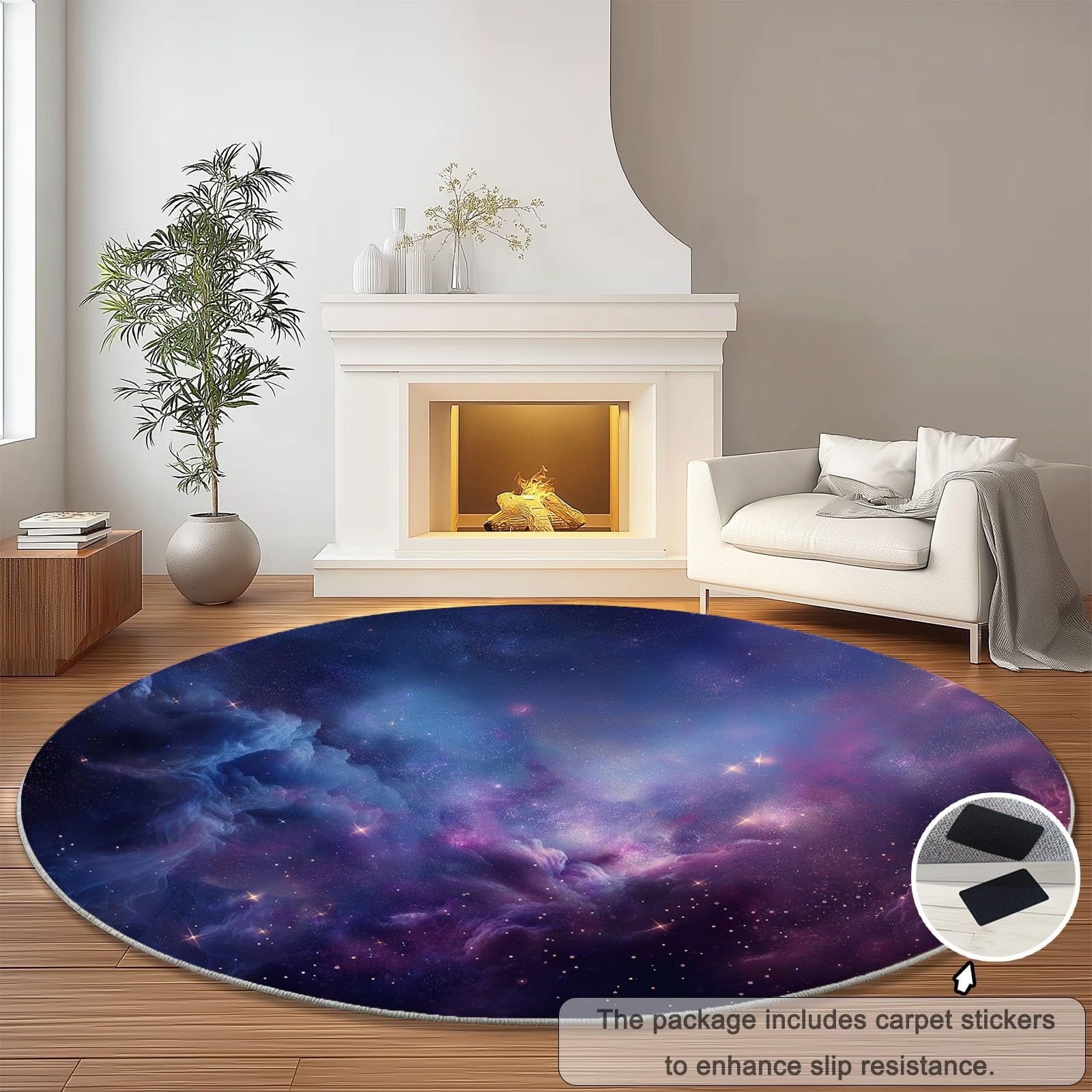 Genérico Alfombra Redonda para habitación Infantil Patrón del Universo Galáctico, Estilo Natural Alfombra Antideslizante Suave y esponjosa para Sala de Estar, Dormitorio, Comedor, 120 cm, Azul Morado