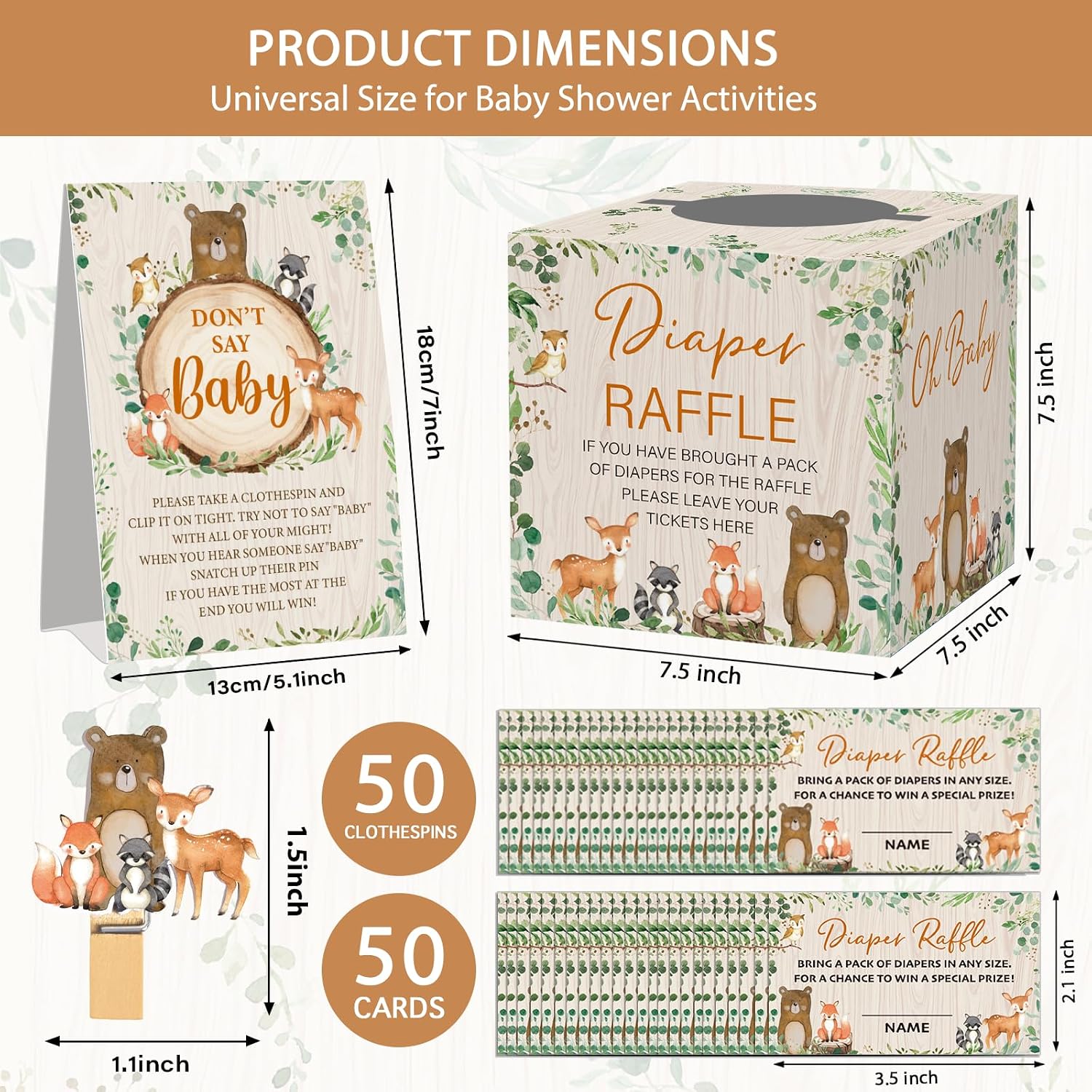 Woodland Baby Shower Games Set, Don't Say Baby Sign Mini woodland Clothespin with Diaper Raffle Card Box, Decor for Gender Reveal Favor image 2