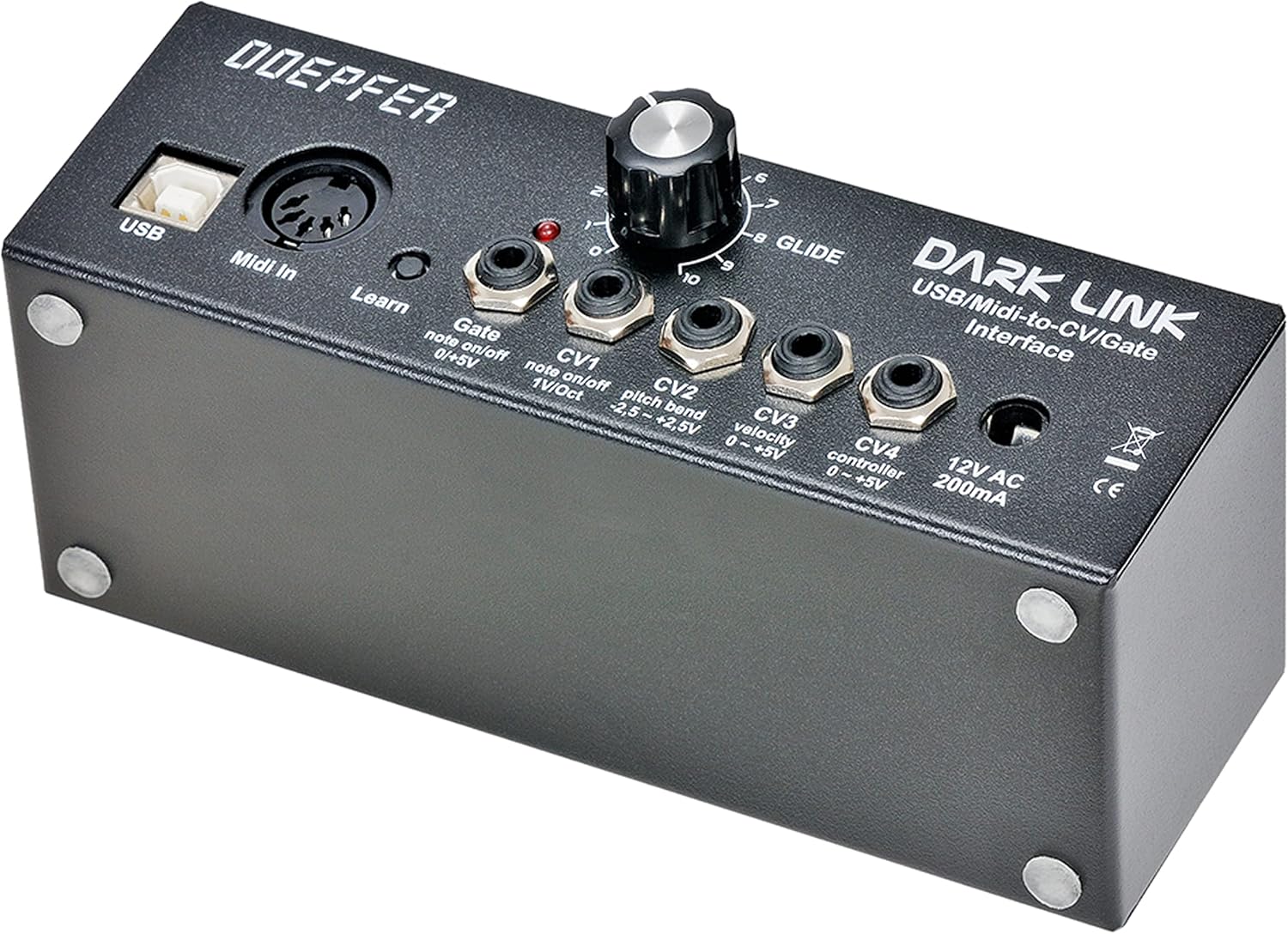 زاویہ دار view of the Doepfer Dark Link interface, highlighting the USB, MIDI In, and various CV/Gate outputs.