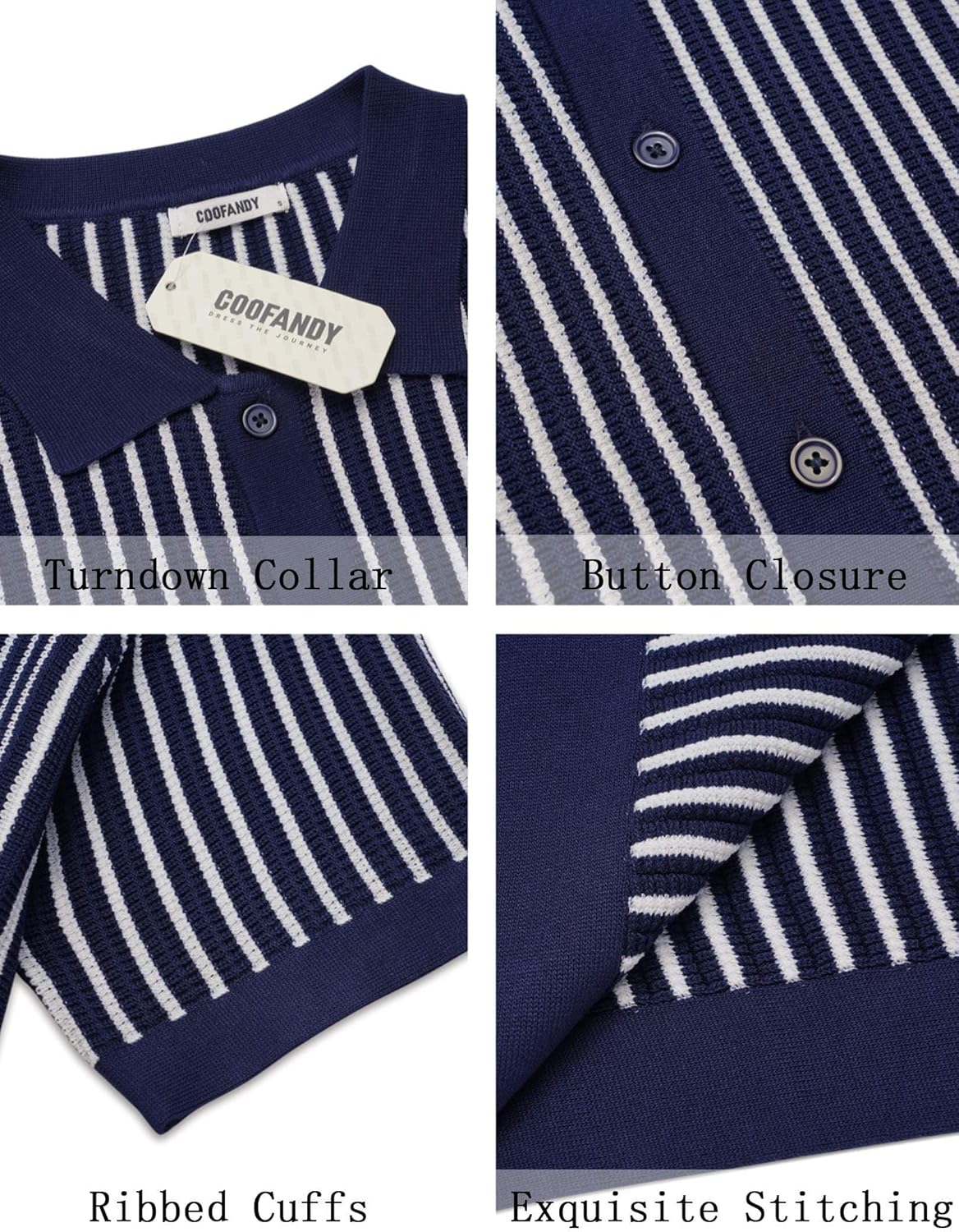 COOFANDY Mens Knit Button Down Shirts Short Sleeve Polo Shirt Vintage Striped Casual Shirts - Image 5