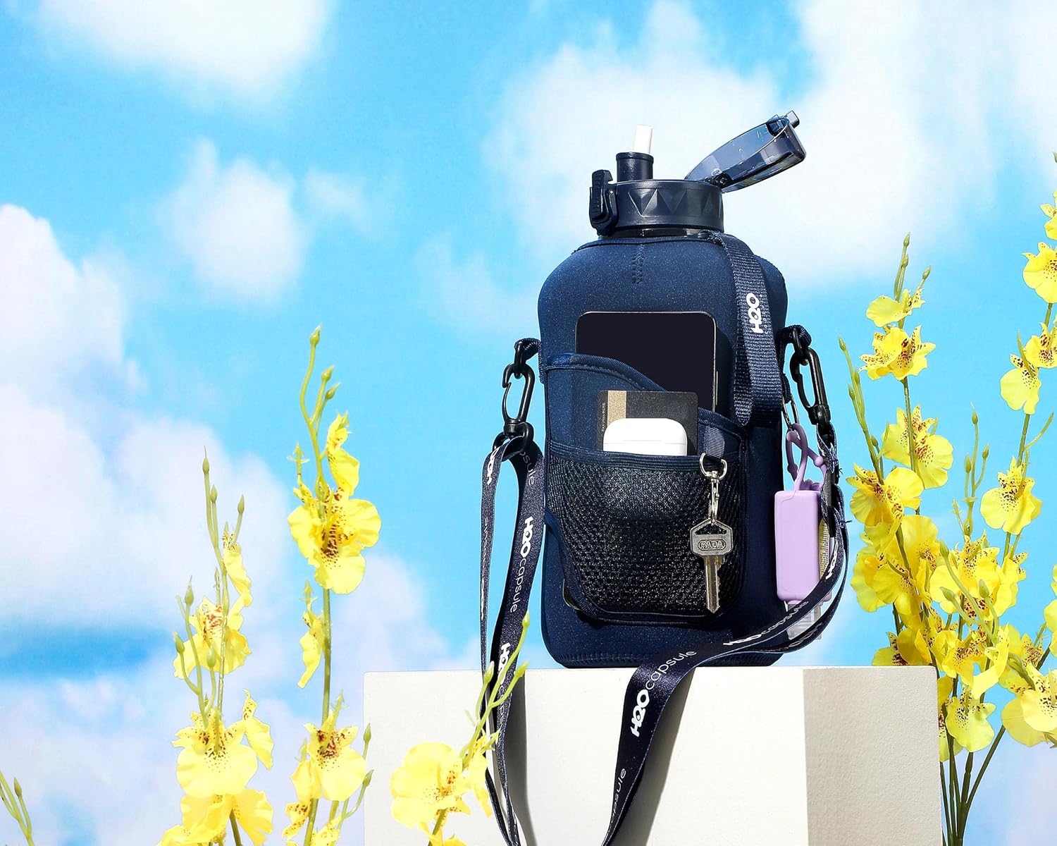 H2O Capsule 2.2L Half Gallon Water Bottle with Storage Sleeve and Removable Straw – BPA Free Large Reusable Drink Container with Handle - Big Sports Jug, 2.2 Liter (74 Ounce), Navy Blue : Sports & Outdoors