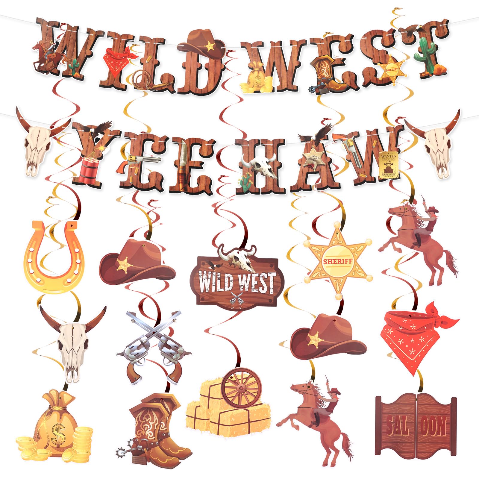 Tinoaly 28pcs Cowboy Party Banners, West Cowboy Rodeo Party Banners Hanging Western Themed Decorations for Boy Girl Birthday Baby Shower Decor Supplies