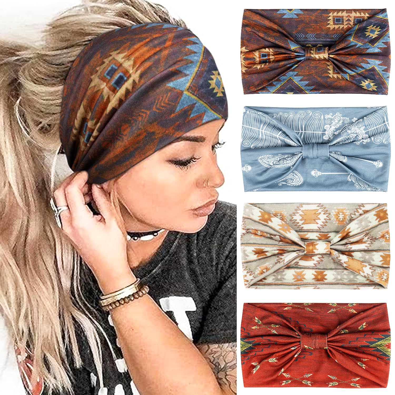 Kavya 4 Piezas Diademas Mujer Africana Cinta pelo Mujer Elásticas Diademas Bohemias Headband Accesorios pelo Mujer Adecuado Yoga Deporte Ejercicio