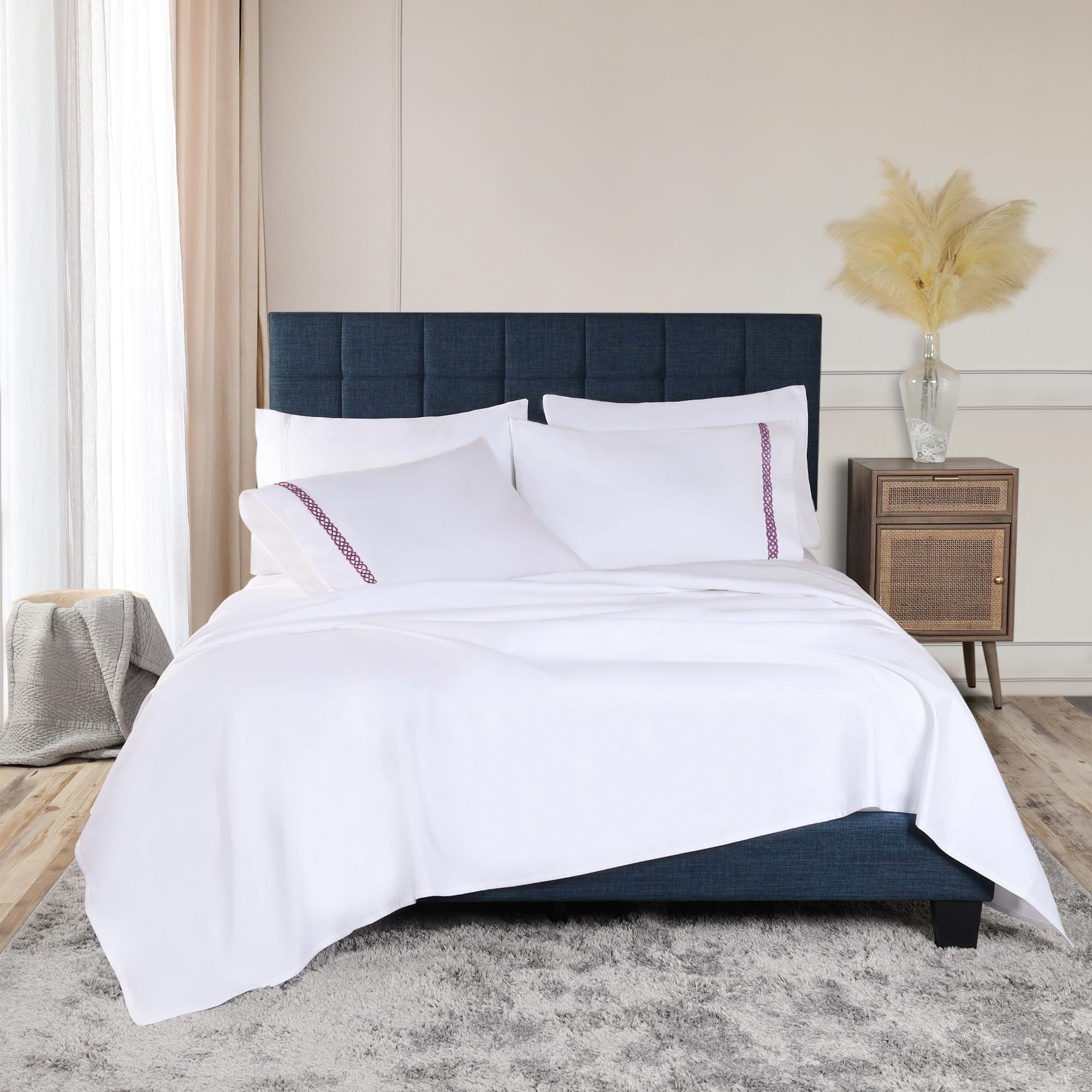 Superior Lenzuola in cotone egiziano a 1000 fili, set di lenzuola, biancheria da letto di lusso, 1 lenzuolo con angoli con tasca profonda, 1 lenzuolo piatto, 2 federe, lenzuola ricamate in tinta
