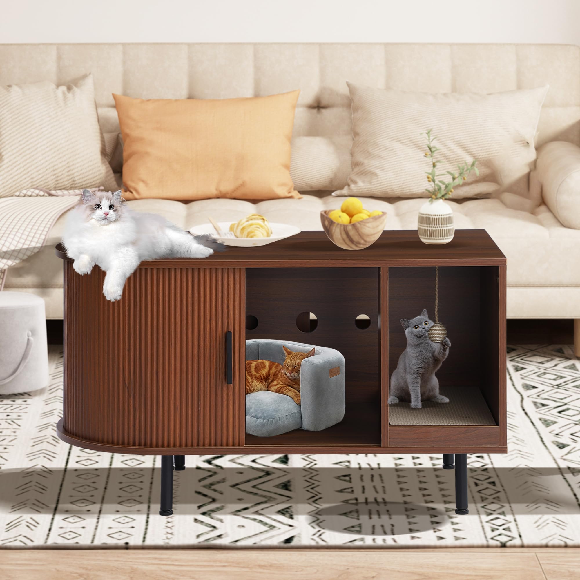 Cat Litter Box Enclosure, 37.4" Wooden Cat Washroom Furniture with Sliding Door, Fluted Hidden Litter Box Furniture with Scratch Pad and Sisal Ball, End Table TV Stand for Living Room (Brown) - image 8