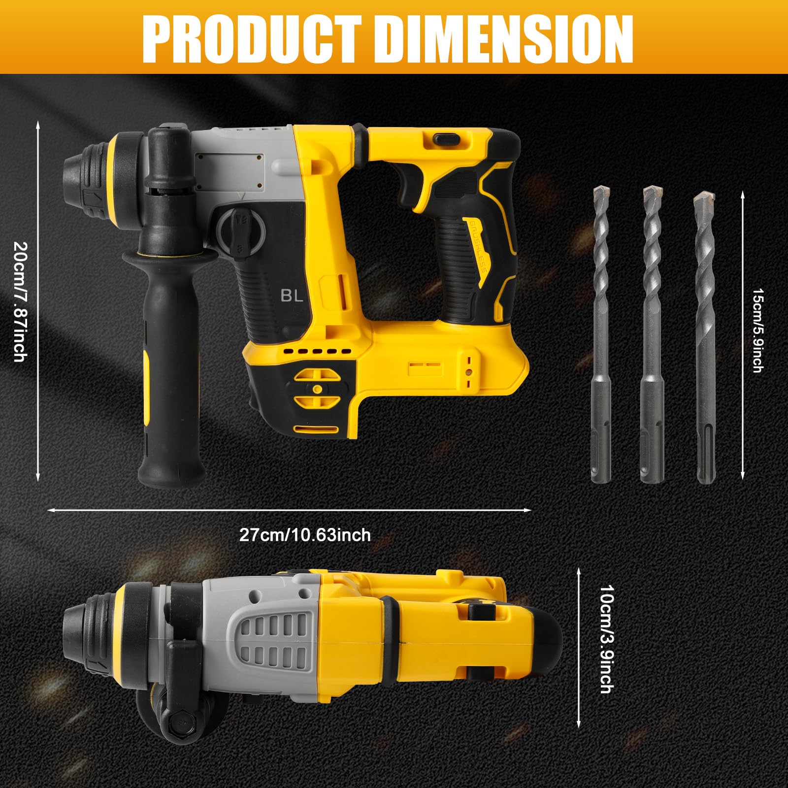 1250W Hammer de forage 2-en-1 pour 22 mm DeWalt 20V batterie(sans batterie) | Roadtime brosse sans vitesse du marteau 3500rpm,3 J percussion machine avec 3x broche SDS PLUS