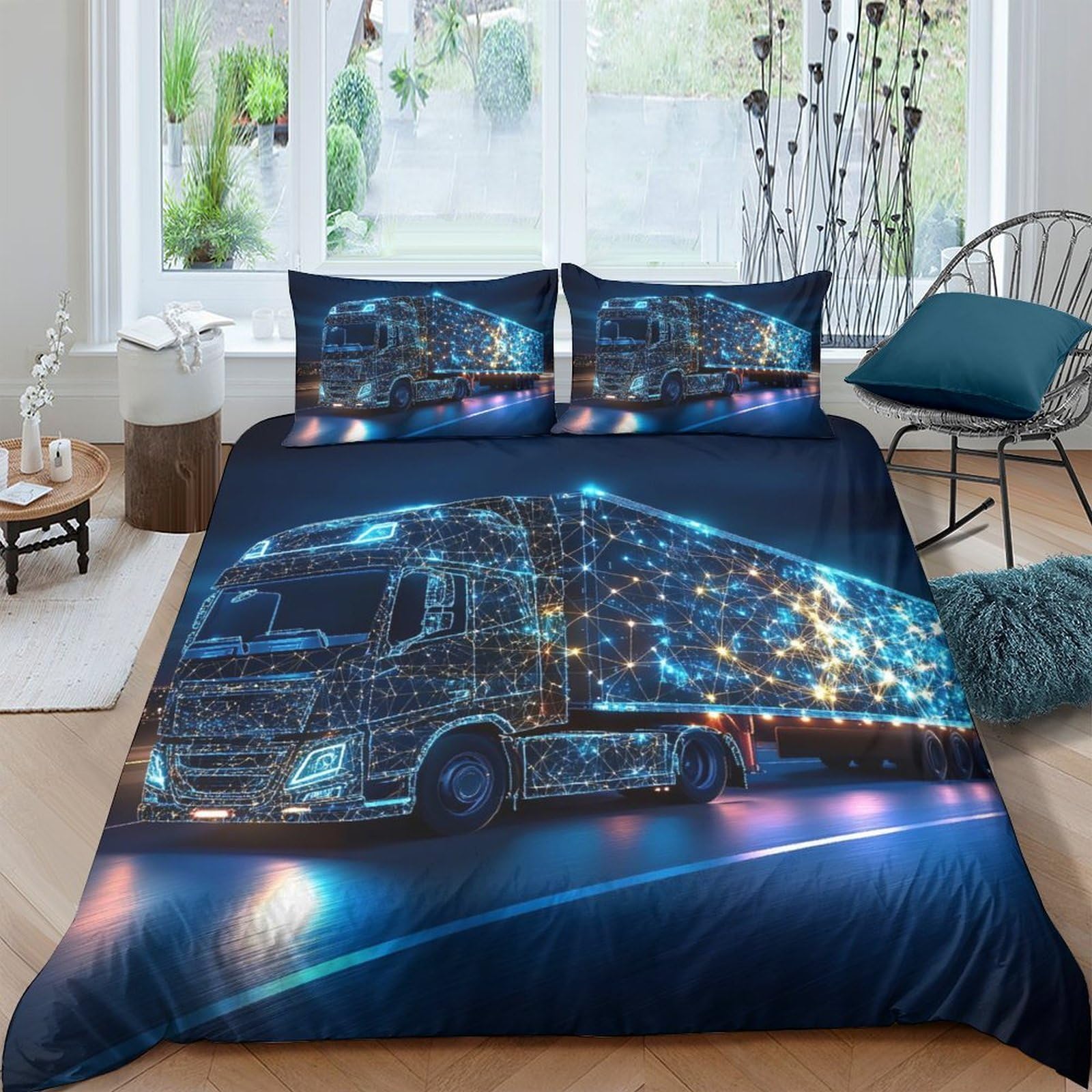 Ctjqhvkz Style-9 3D Printed Night City Truck Fitted Sheet Microfiber Soft Durable Lights Road Mattress Cover For Bedroom Guest Room Decor Single（135X200cm）