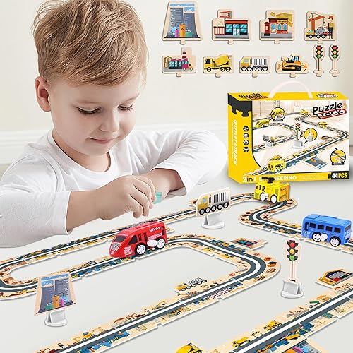 Miniatura 2 de Juego de rompecabezas educativo para niños, pistas de rompecabezas de bricolaje con 3 vehículos, rompecabezas de pista con vehículos, rompecabezas