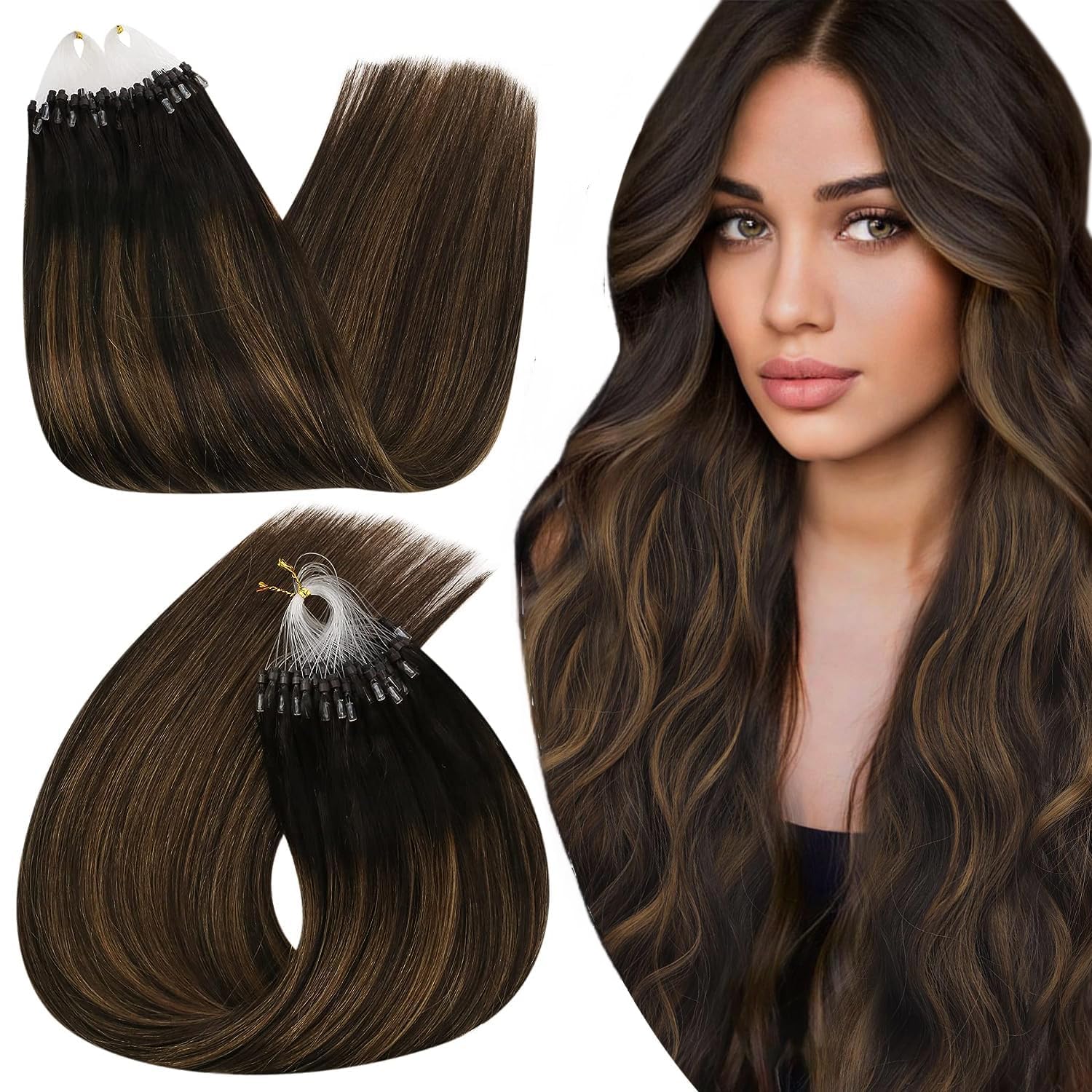 Ugeat Micro Ring Hair Extensions Real Human Hair Brown Balayage 16 Inch Micro Loop Hair Extensions Human Hair Ombre Darkest Brown to Medium Brown 50G/50S #2/6/2