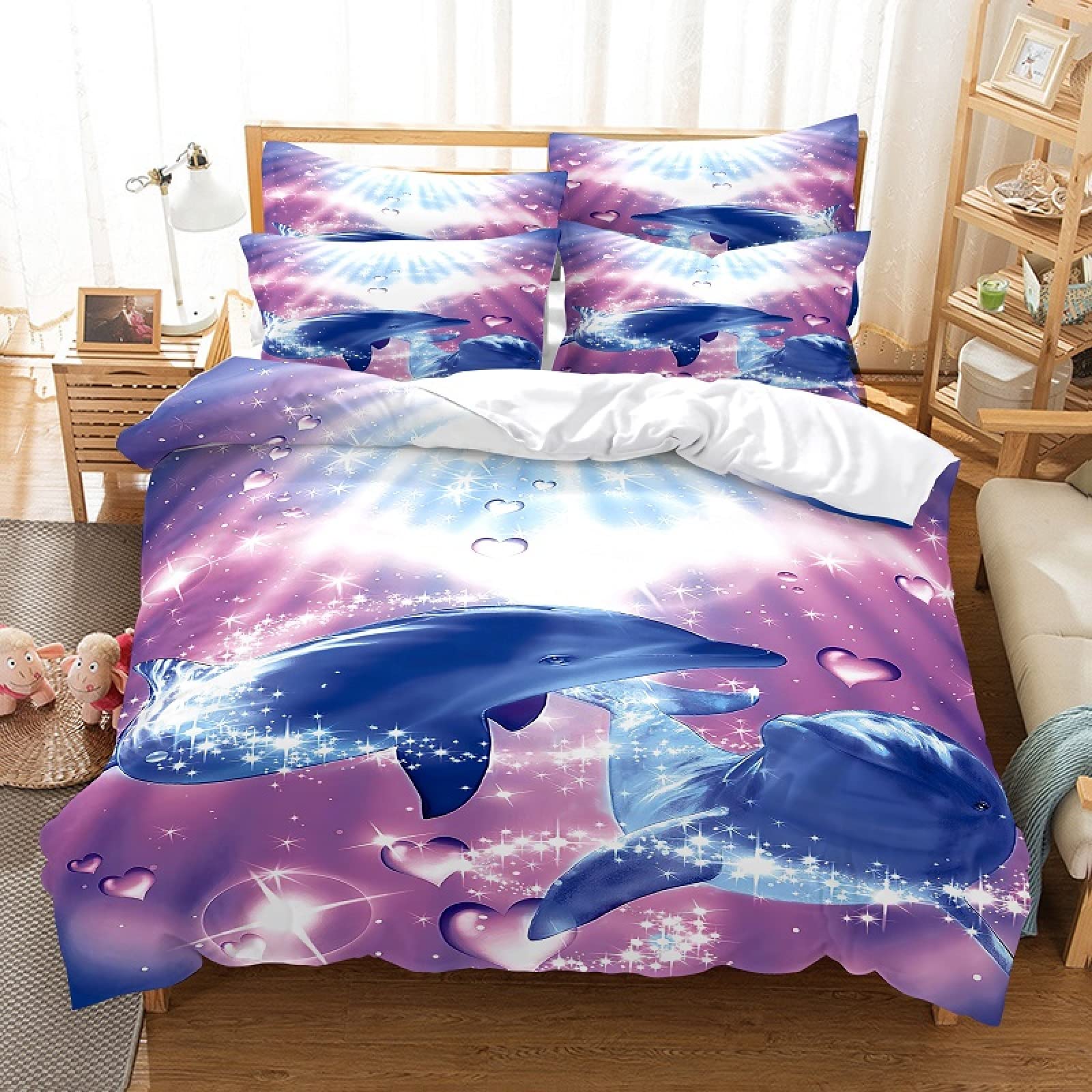 Housse de couette 160x200 dauphin avec 2 taies d'oreiller en microfibres